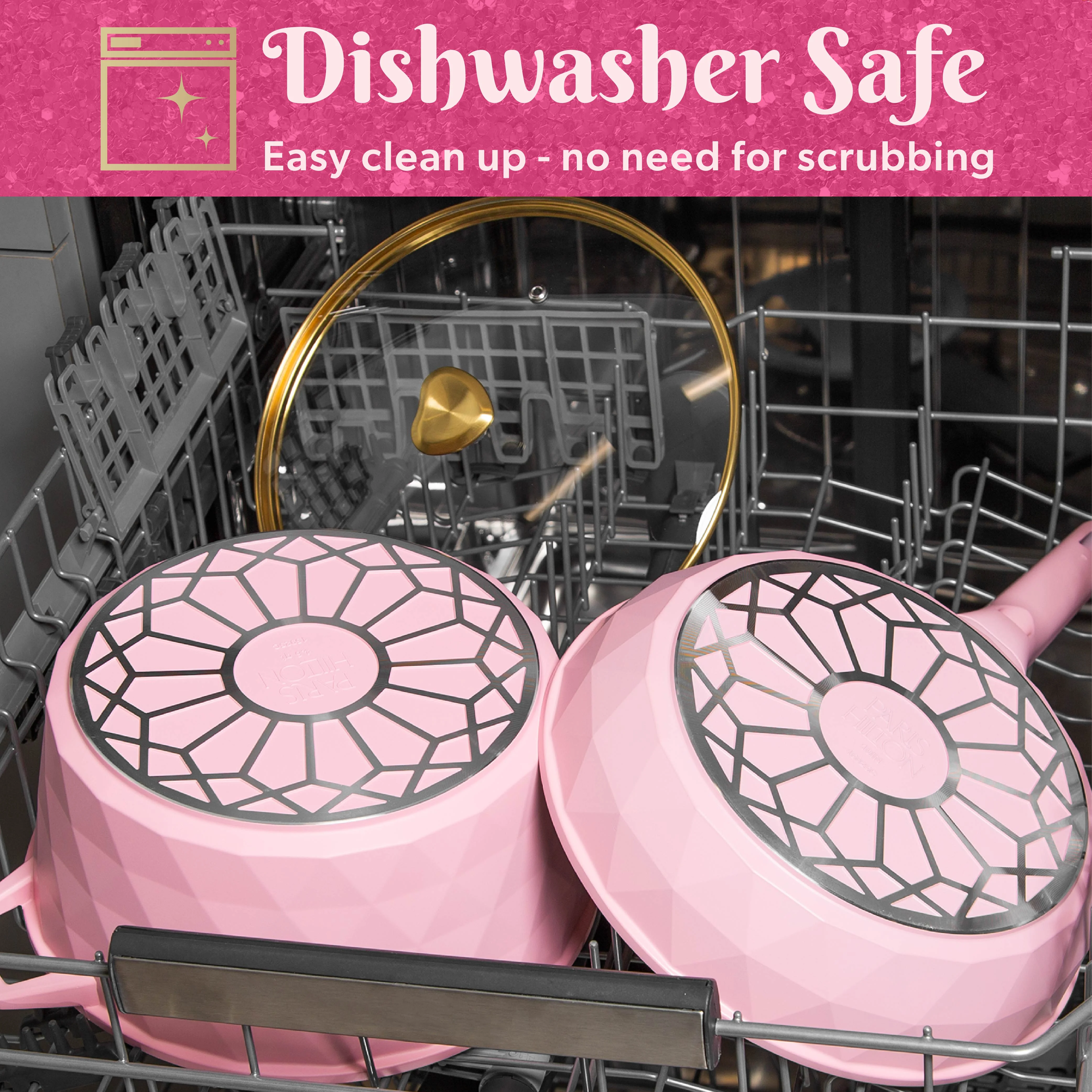 10 Piece Ceramic Nonstick Cast Aluminum Cookware Set, Clean Ceramic? Coating, Faceted Pink Design(Pink) Image 6