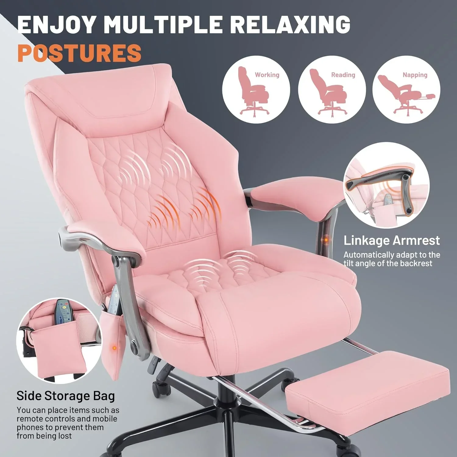 Fauteuil de bureau massant avec chauffage et repose-pieds, fauteuil de bureau ergonomique inclinable de direction