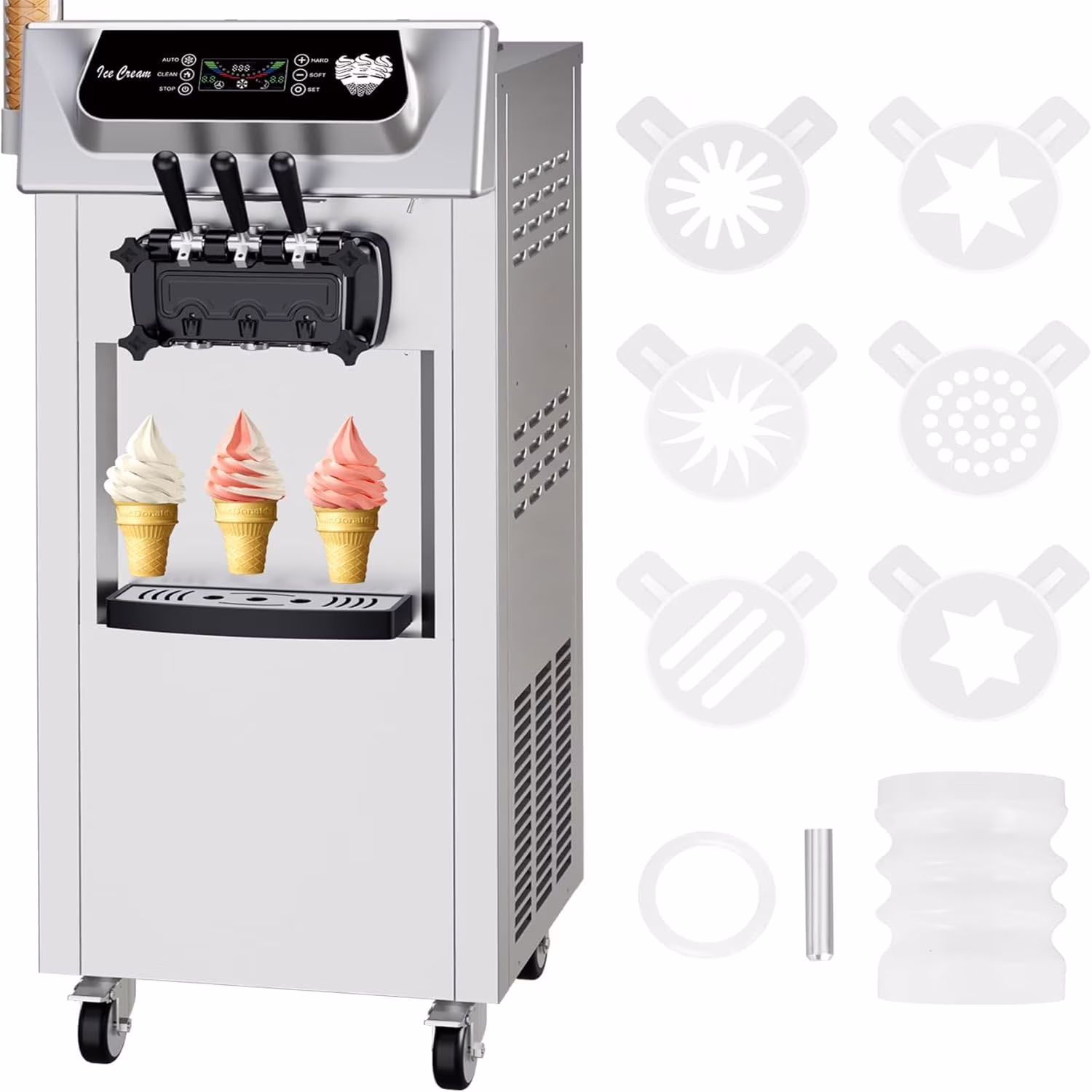 Commercial Ice Cream Maker, 3 Flavors, 20-28L/H Yield, LCD Panel, Auto Clean, 2200W Countertop Soft Serve Machine w/ 2x7L Hopper, Frozen Yogurt Maker for Restaurant Snack Bar(US plug)