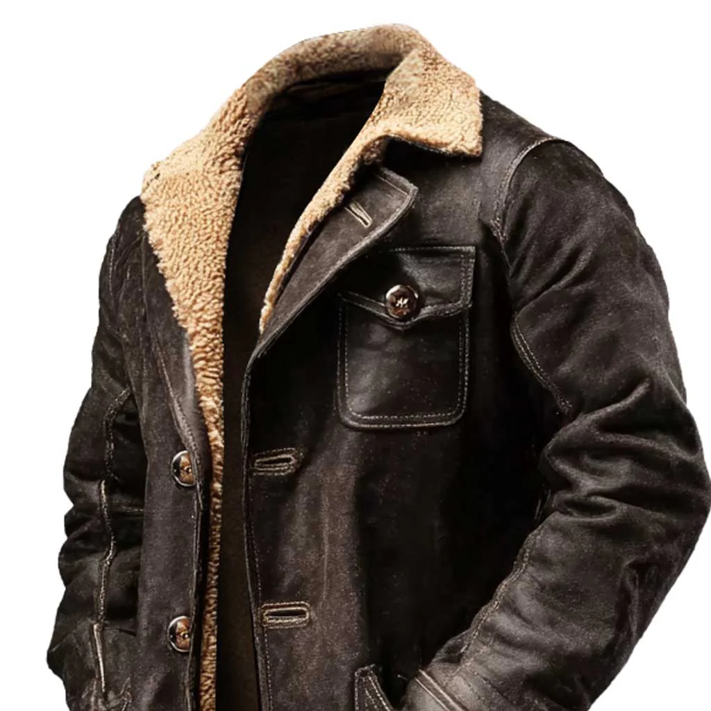 Manteau en Cuir Suédé Marron Homme avec Fourrure Synthétique Vintage