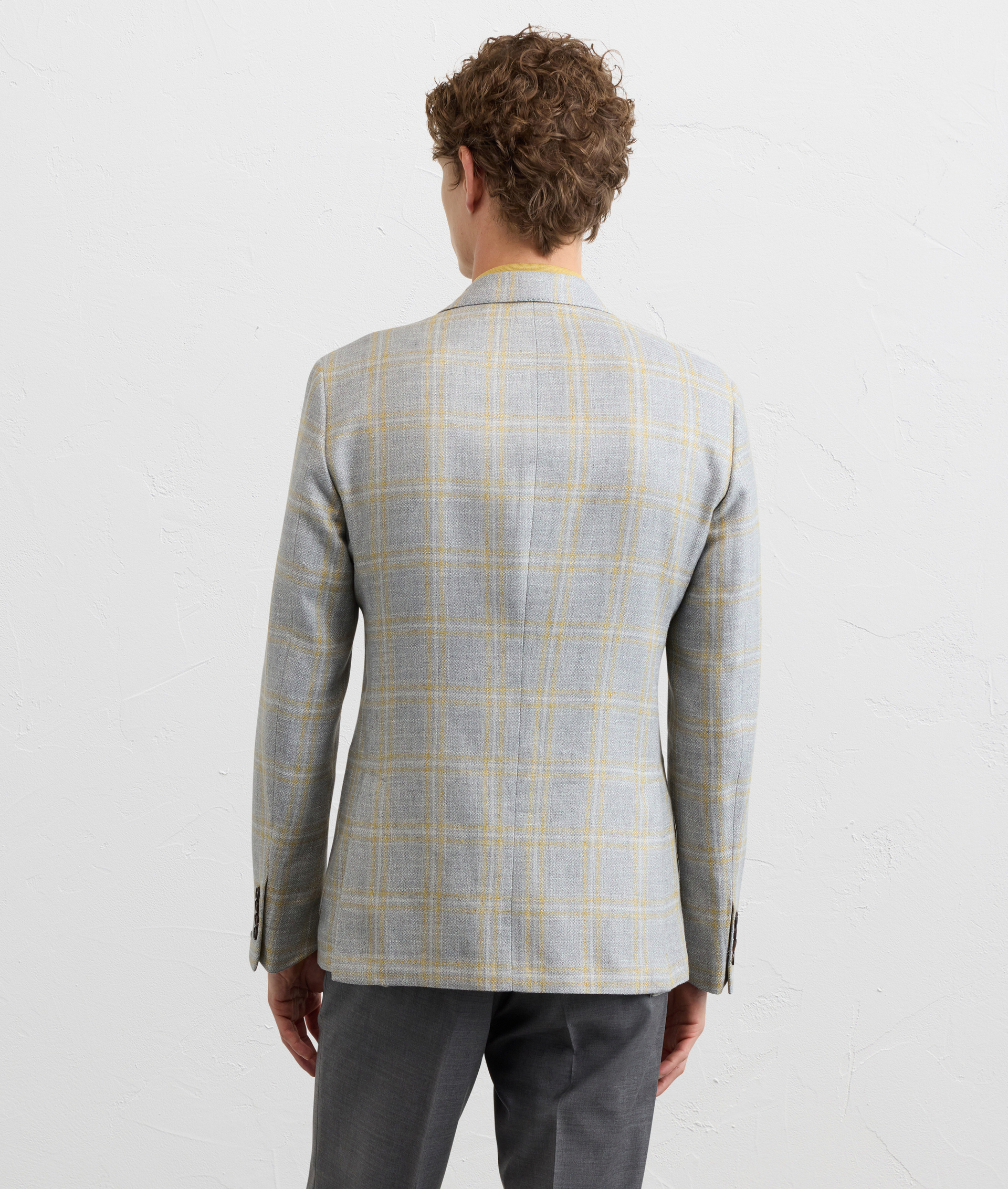 LIGHT GREY CHECKED COTTON AND LINEN BRERA LINE UNLINED JACKET