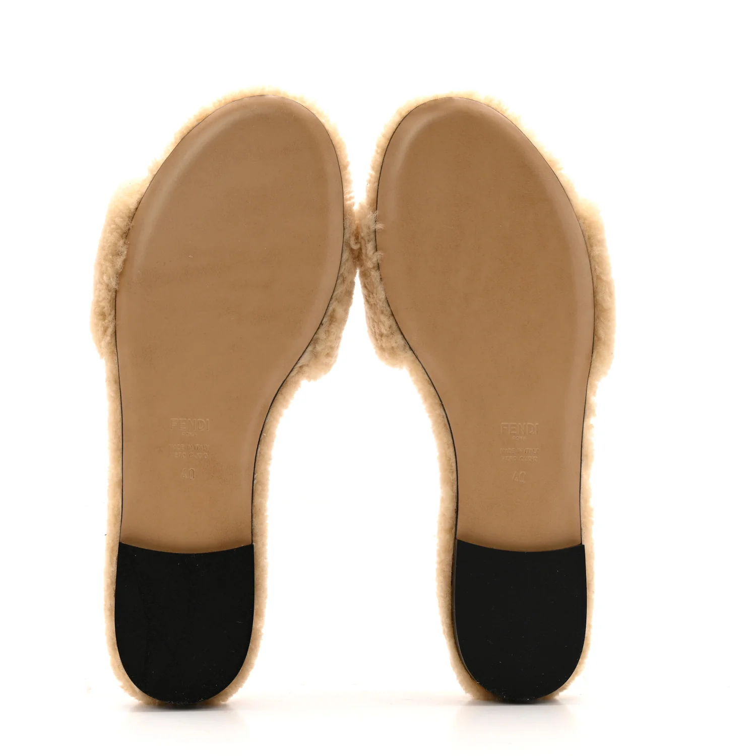 Shearling FF Baguette Slide Sandals 40 Beige Naturale