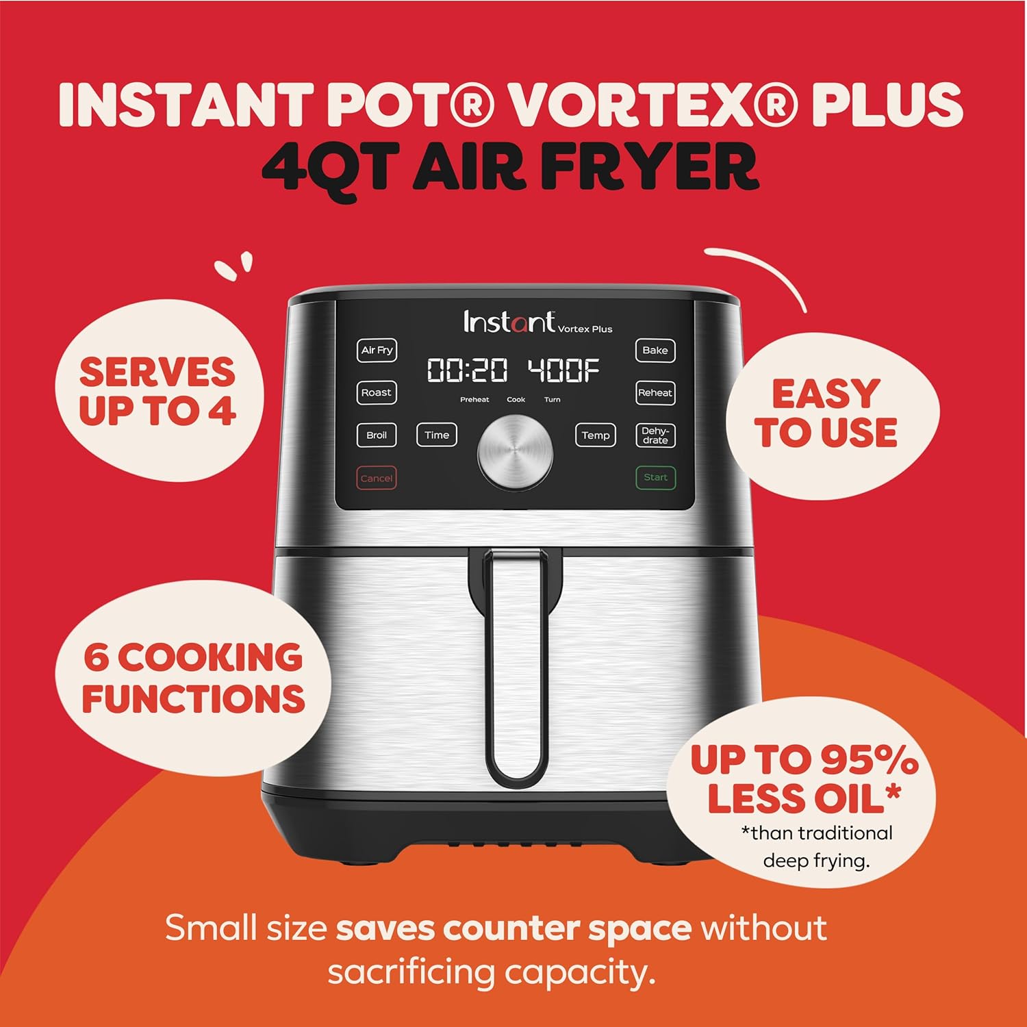 Instant Pot 4QT Vortex Plus 6-in-1 Mini Air Fryer, Custom Program Options, Crisps, Broils, Roasts, Dehydrates, Bakes, Reheats, 100+ In-App Recipes, Stainless Steel, 4 Quarts