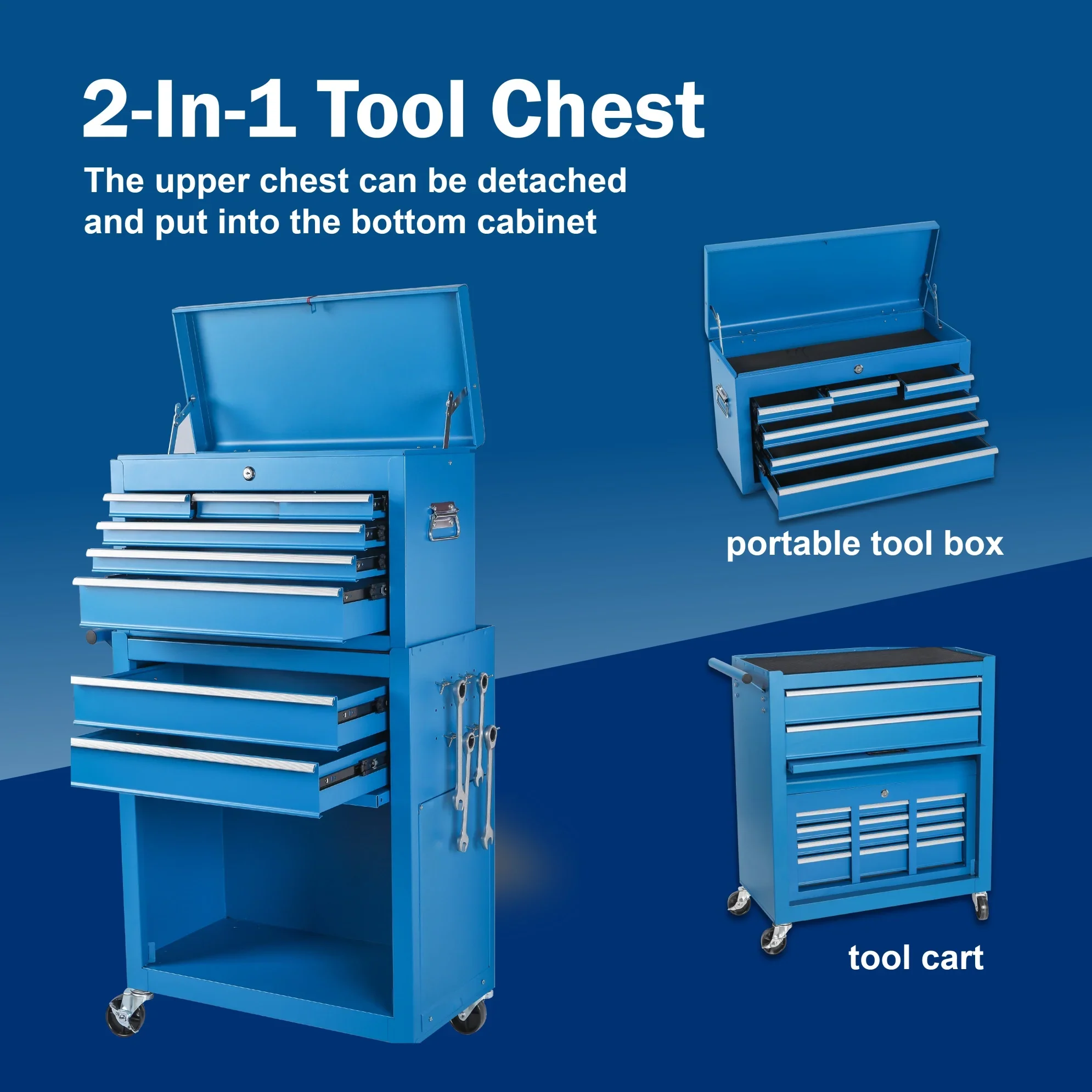 Tool Chest, 8-Drawer Rolling Tool Storage Cabinet with Lockable Wheels, Rolling Tool Chest with 2 in 1 Detachable Top Tool Box, and Locking Mechanism, Metal Tool Cart for Garage, Workshop, Blue