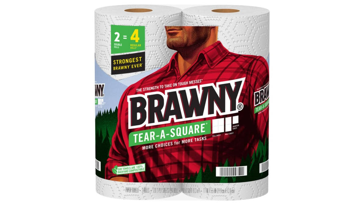 Brawny Tear-A-Square Paper Towels, Double Rolls, 2-Ply - 2 rolls