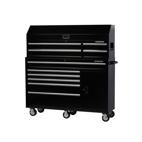 Coffre à outils et armoire à roulettes combinés, 10 tiroirs et 1 porte, 155 cm de largeur, noir brillant