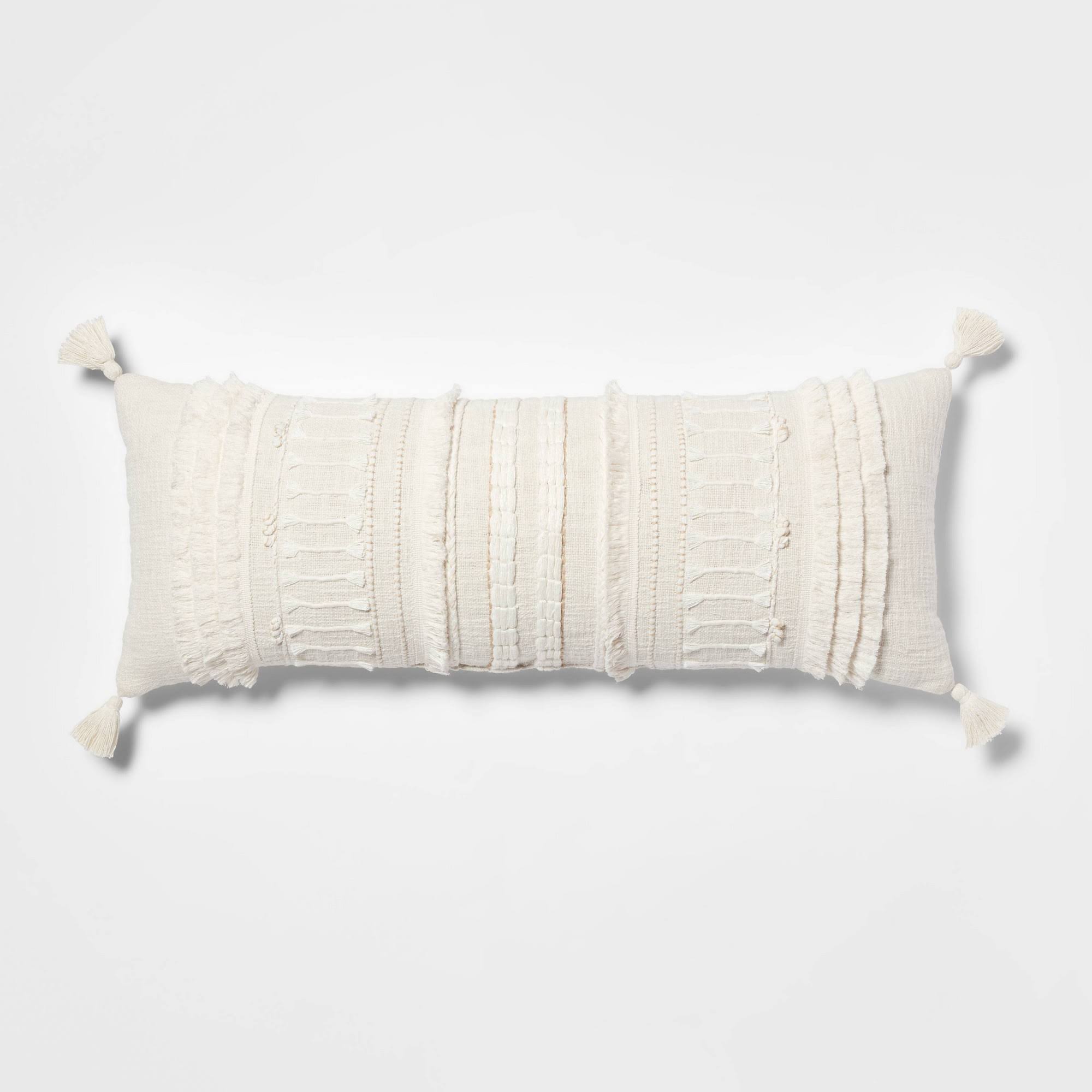 Oversized Oblong Woven Knotted Fringe Decorative Throw Pillow Natural