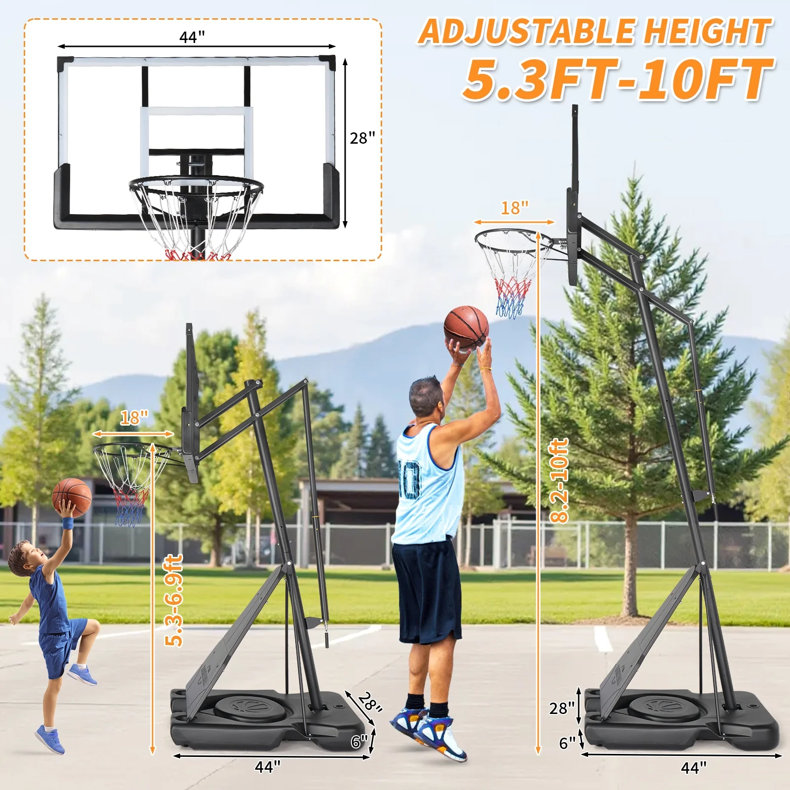 Ktaxon 5.3 - 10ft Adjustable Portable Basketball Hoop with Rebound Plate, 44 - Inch Weatherproof Backboard Indoor Outdoor