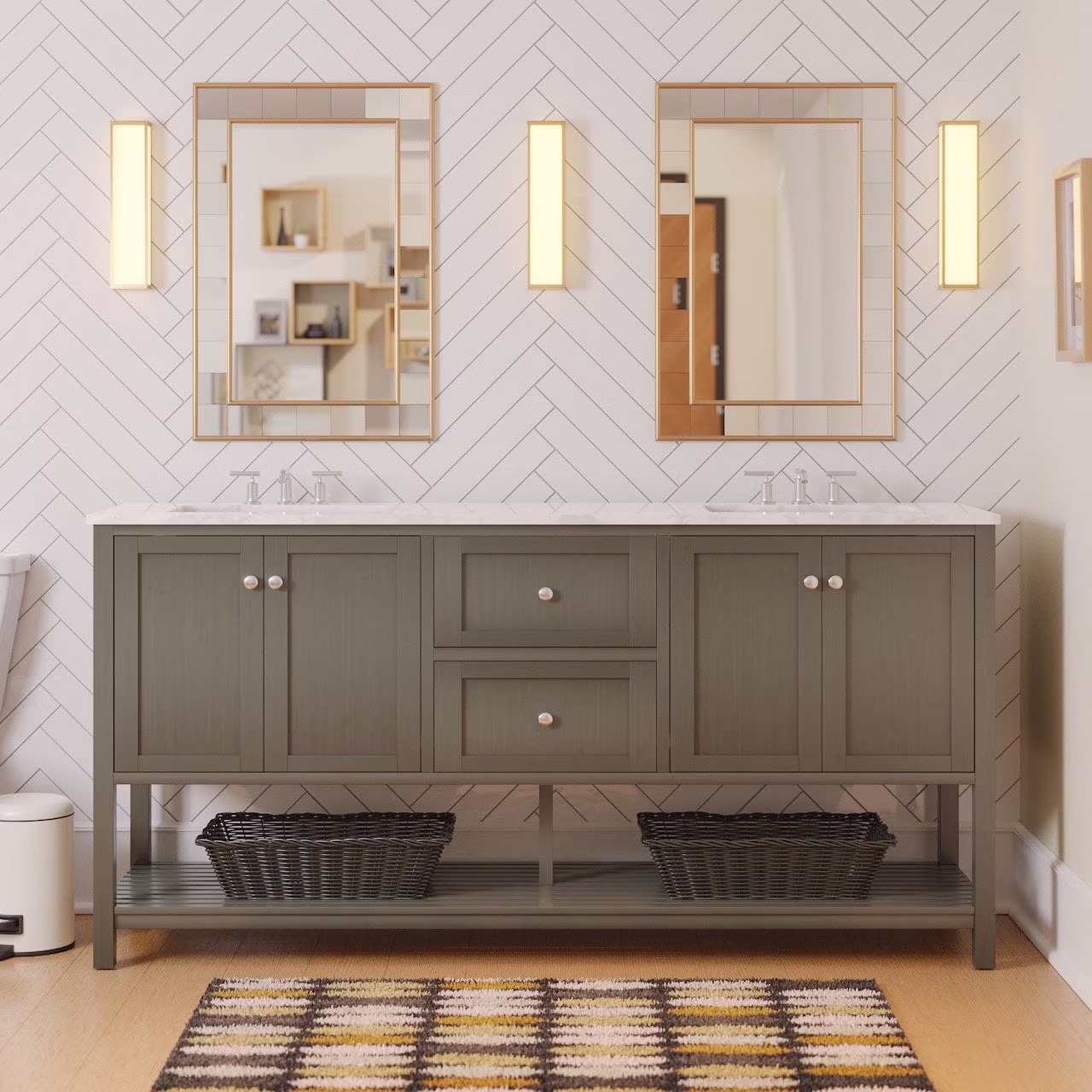 72" Double Bathroom Vanity with White Cabinet and Engineered Carrara Top(White) - Image 3