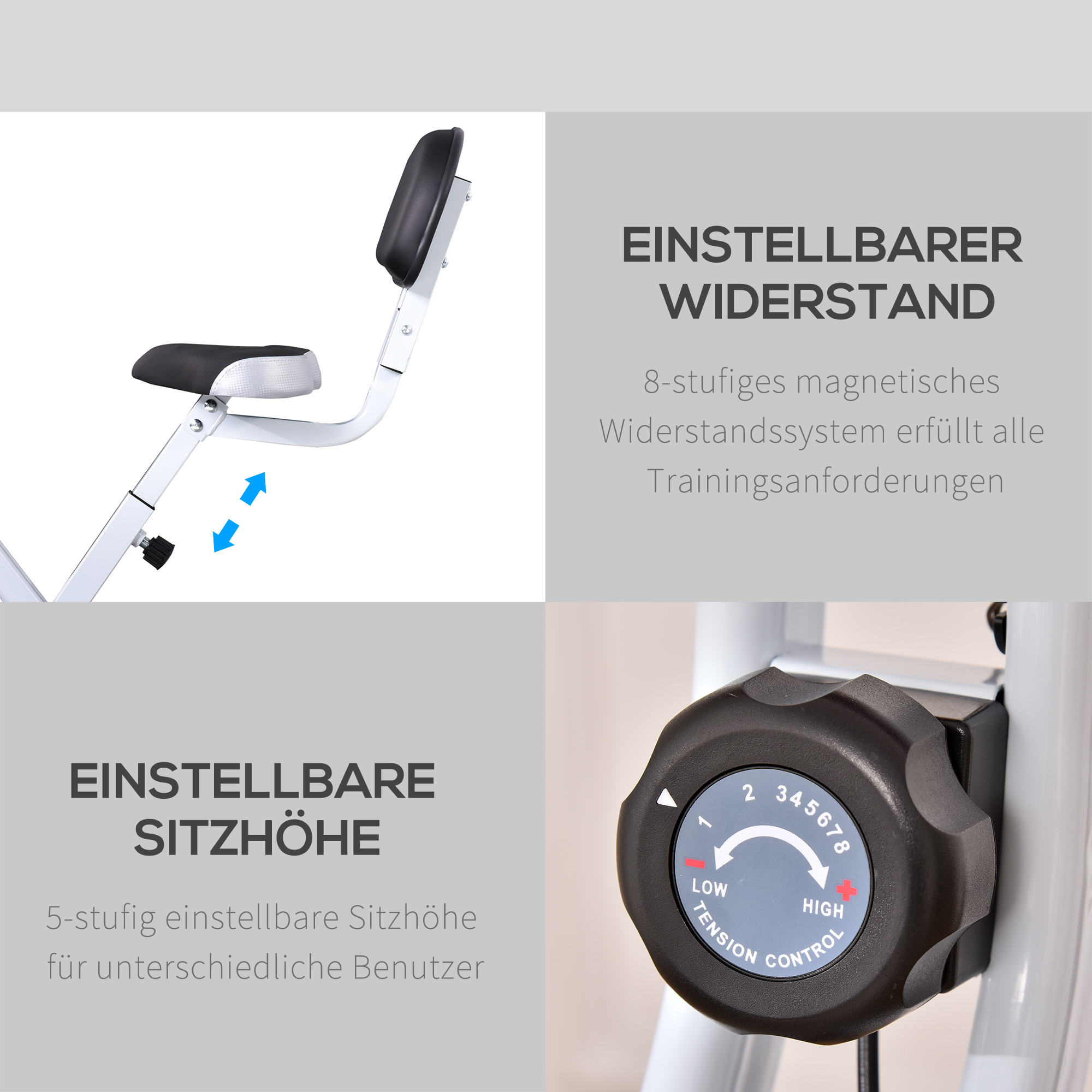 HOMCOM Hometrainer, fietstrainer, trainingsfiets met in 8 niveaus instelbare magnetische weerstand, staal, wit, 43 x 97 x 109 cm