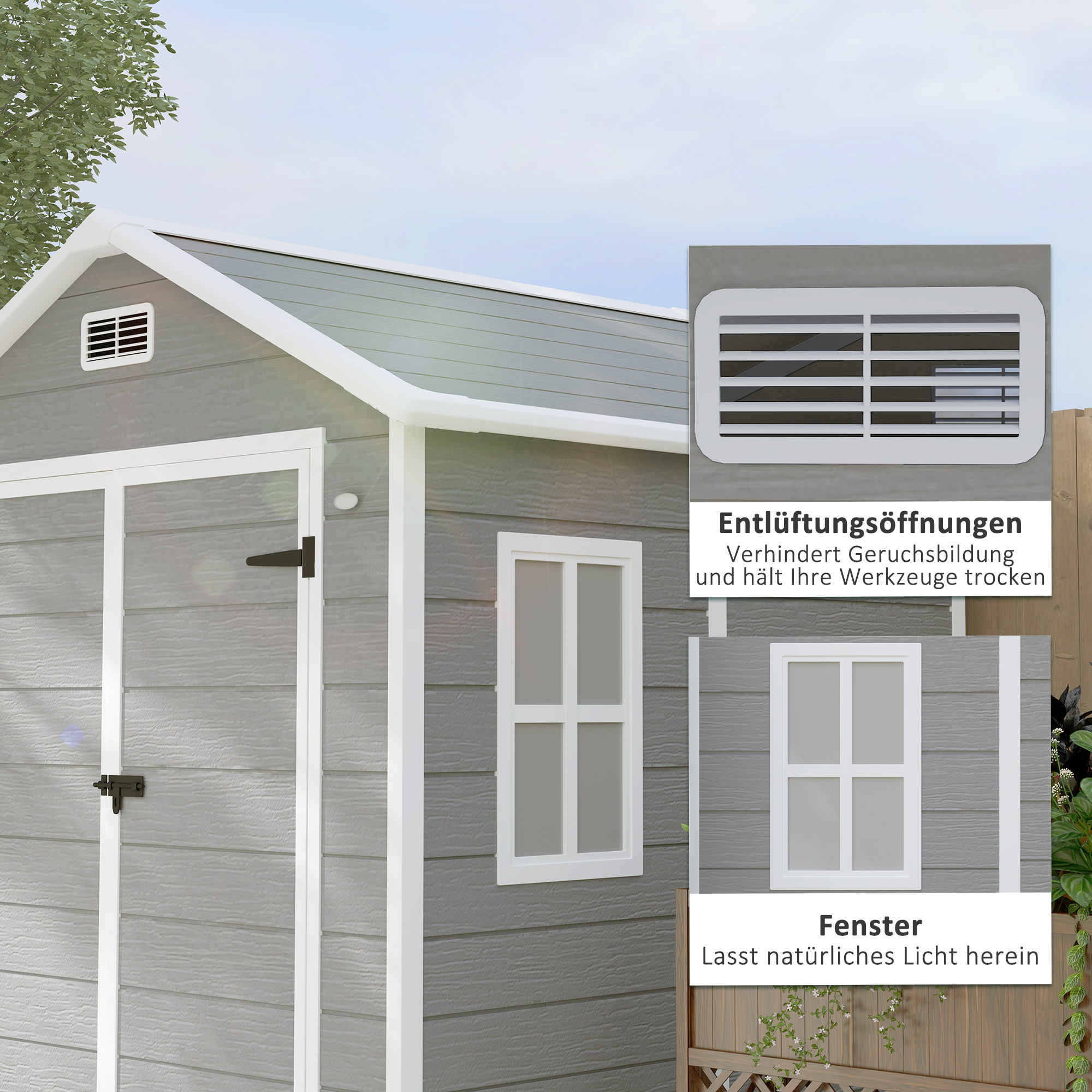 Outsunny Tuinschuur, Gereedschapsschuur met Bodem, Afsluitbare Deuren, Ventilatieopeningen, Venster, Houtlook, Kunststof, Grijs