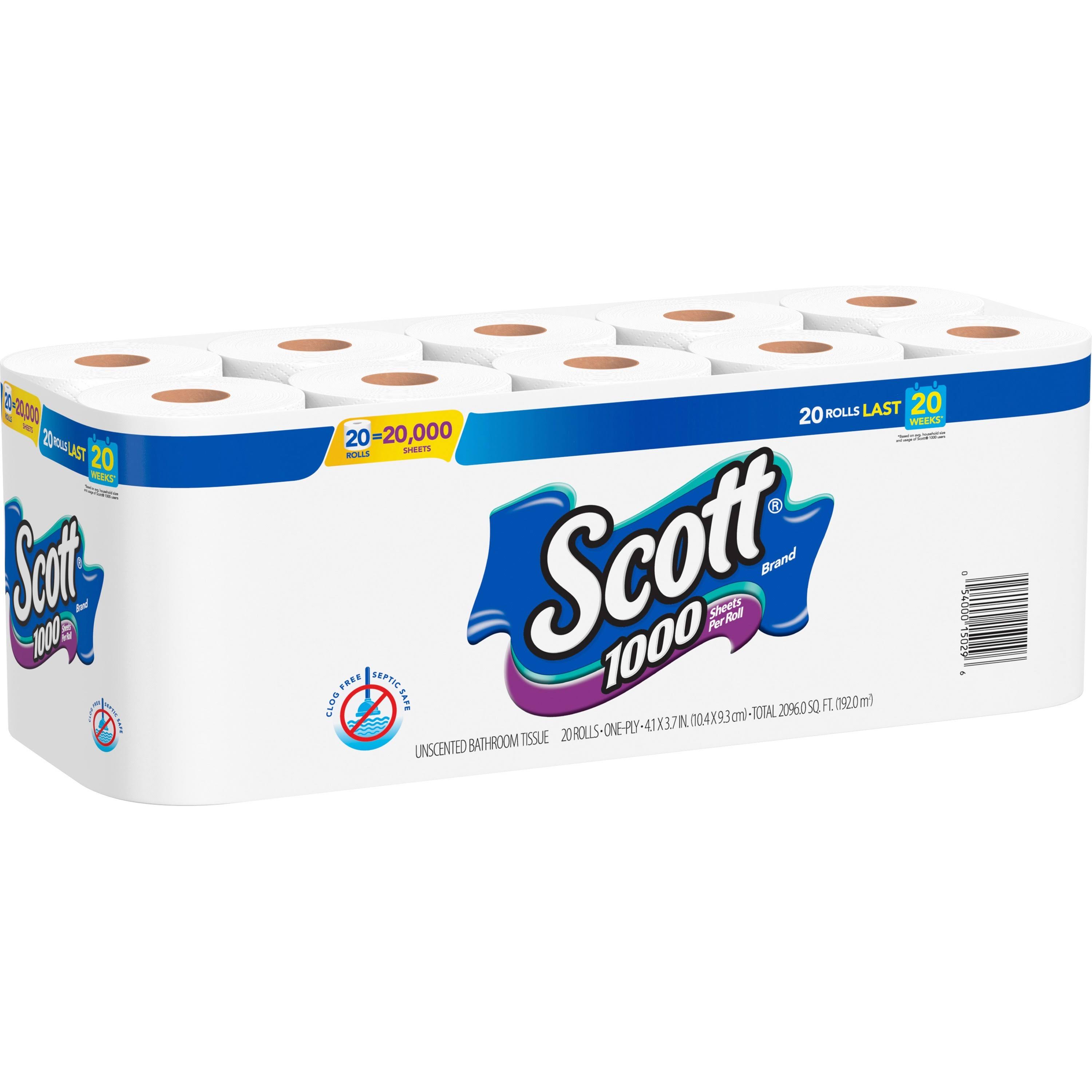 Scott 1000 One-Ply Bathroom Tissue, Unscented - 20 count