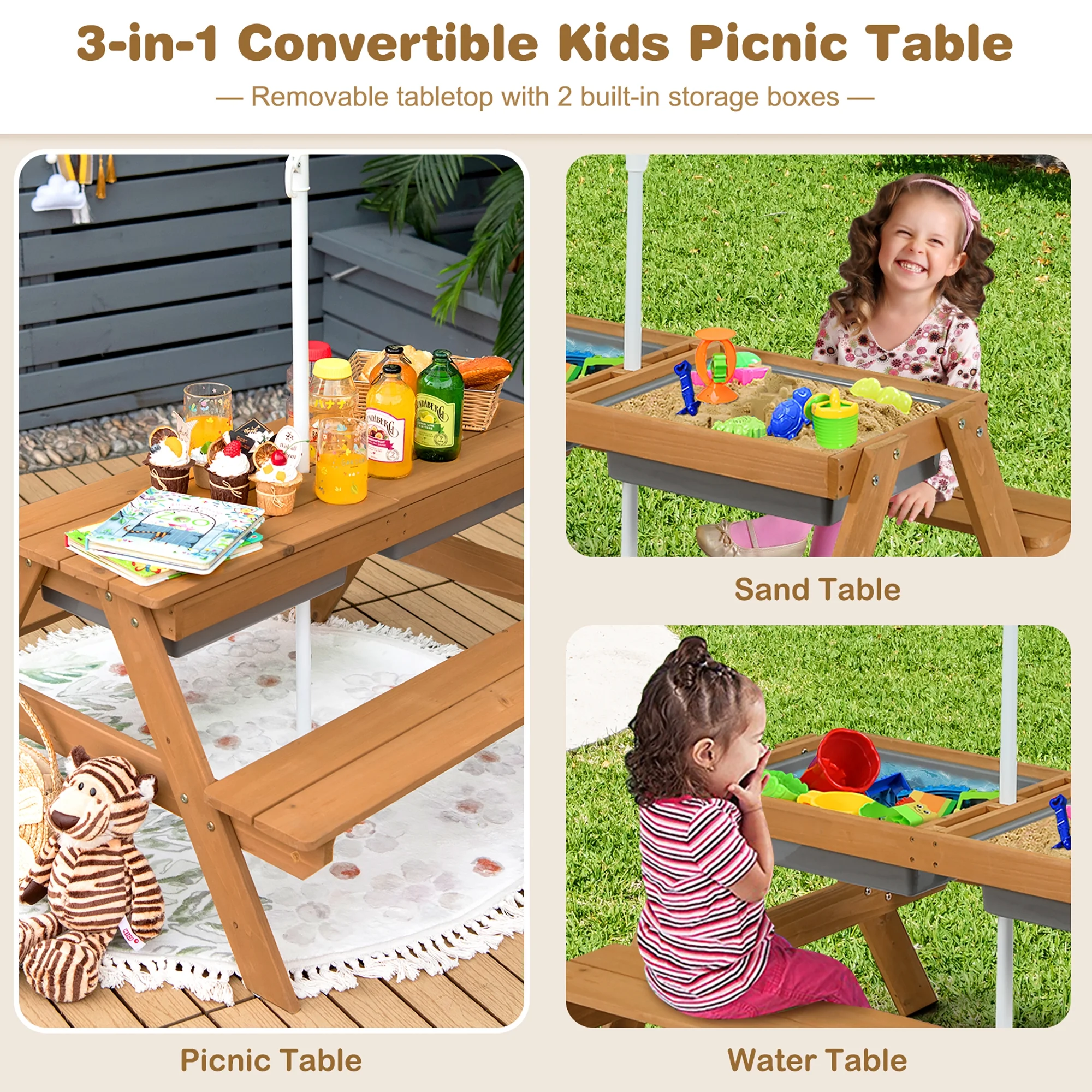 3-in-1 Kids Picnic Table Wooden Outdoor Sand Water Table with Umbrella Play Boxes Green(Green) - Image 7