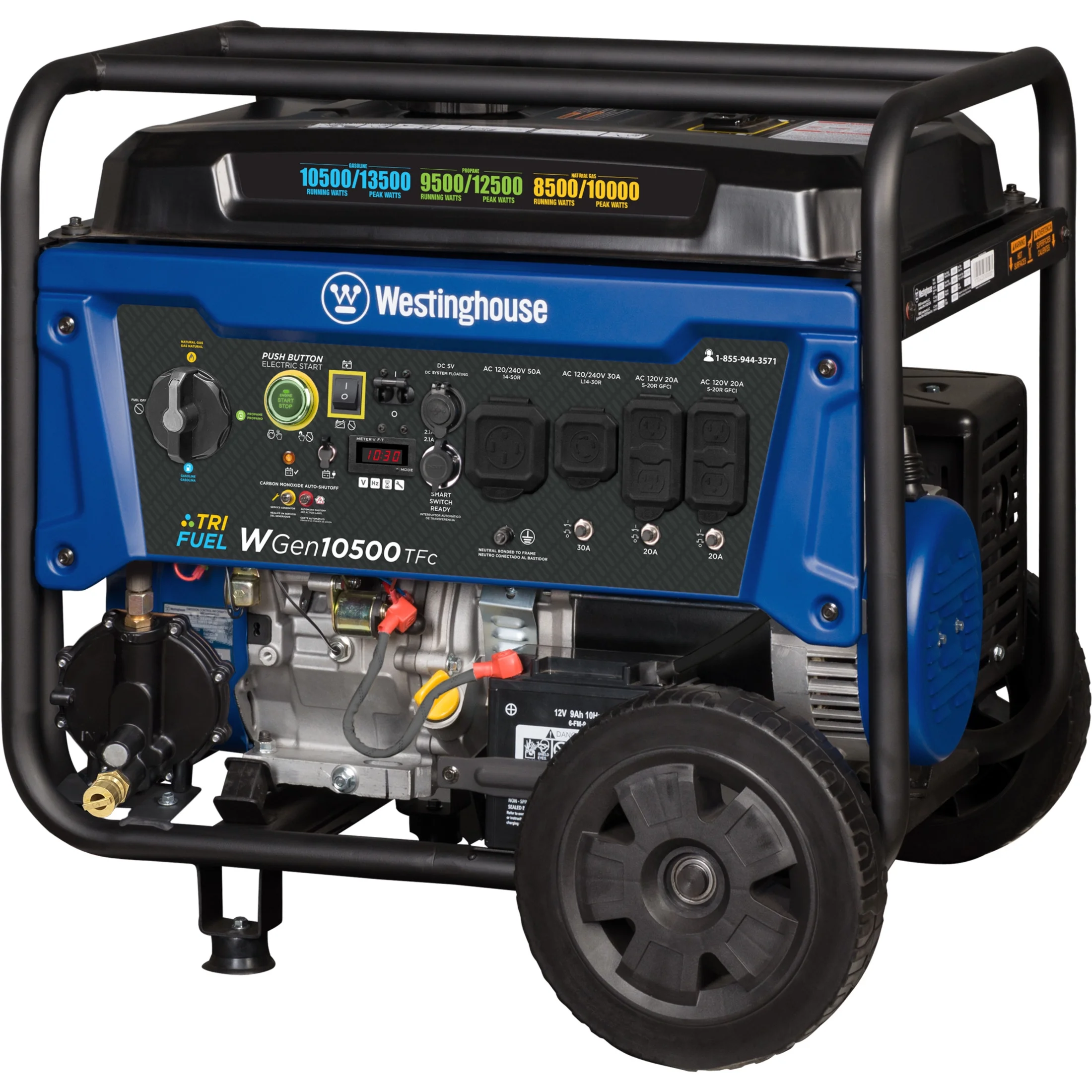Open Box 13500 Peak Watt Tri-Fuel Home Backup Portable Generator, Remote Electric Start, Transfer Switch Ready, Gas, Propane, and Natural Gas Powered - Image 6