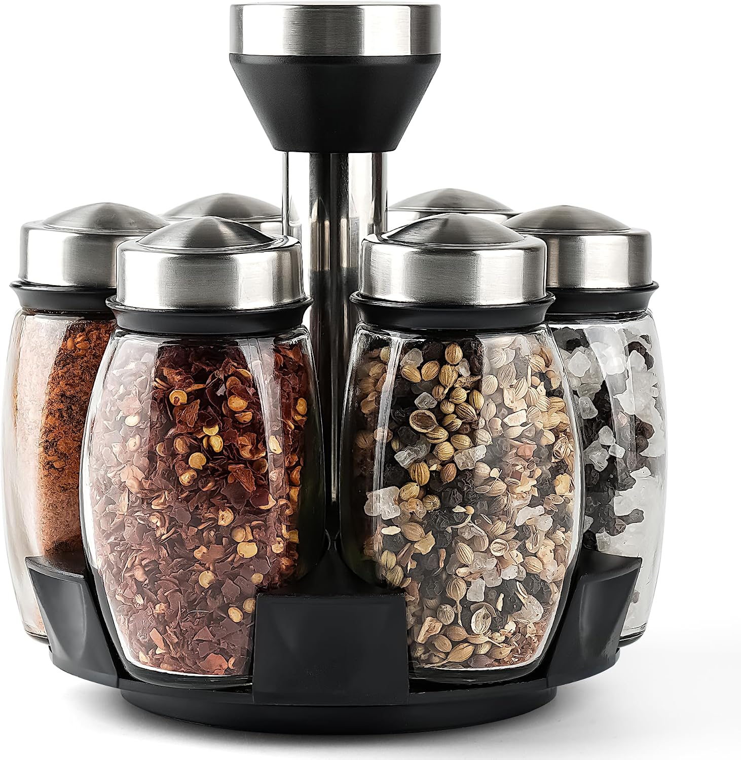 Mlici 6 Pack Spinning Glass Spice Jars with Organizer Rack for Countertop