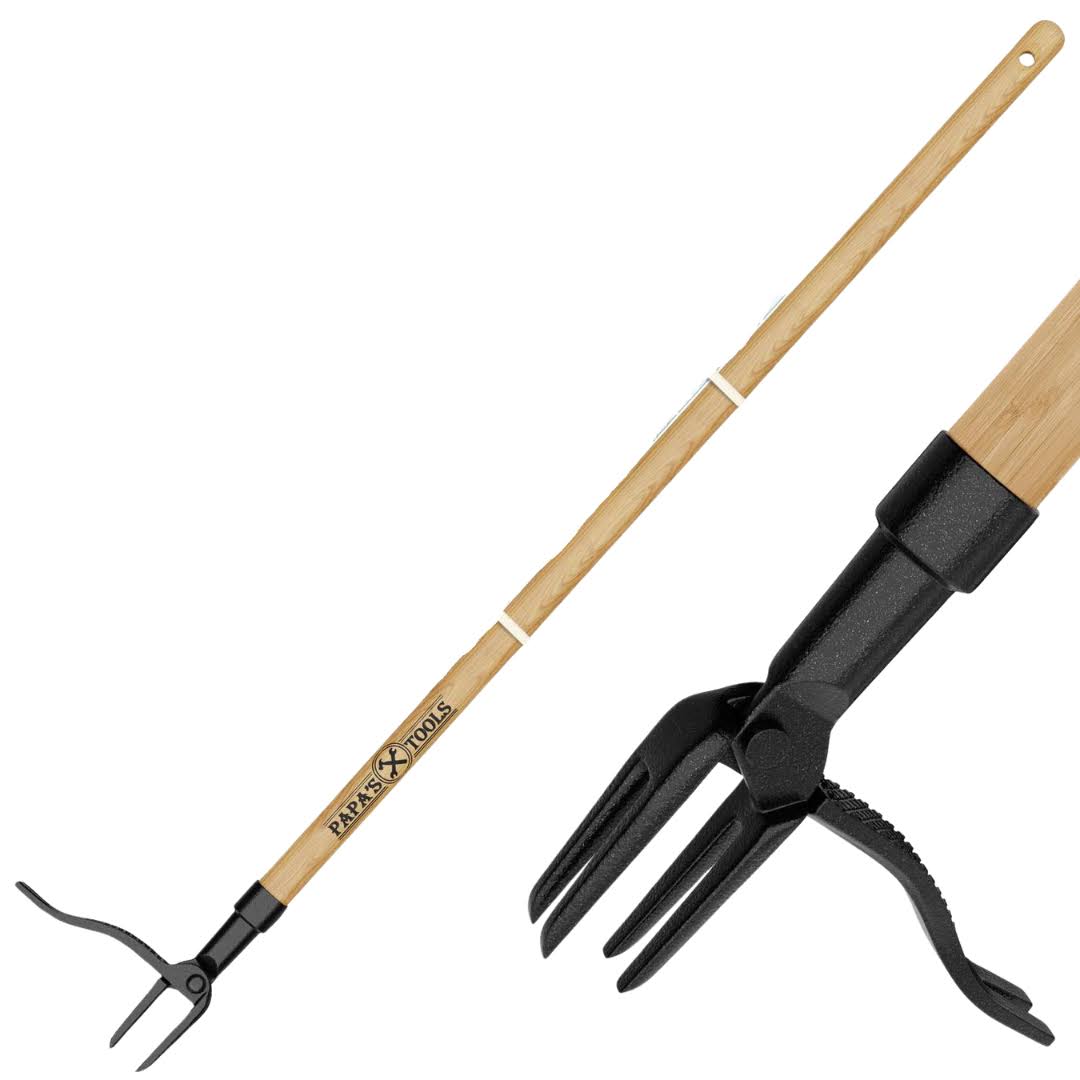 Papa's Weeder - Stand Up Weed Puller Tool Made with Long Wooden Handle - Real Bamboo & 4-Claw Steel Head