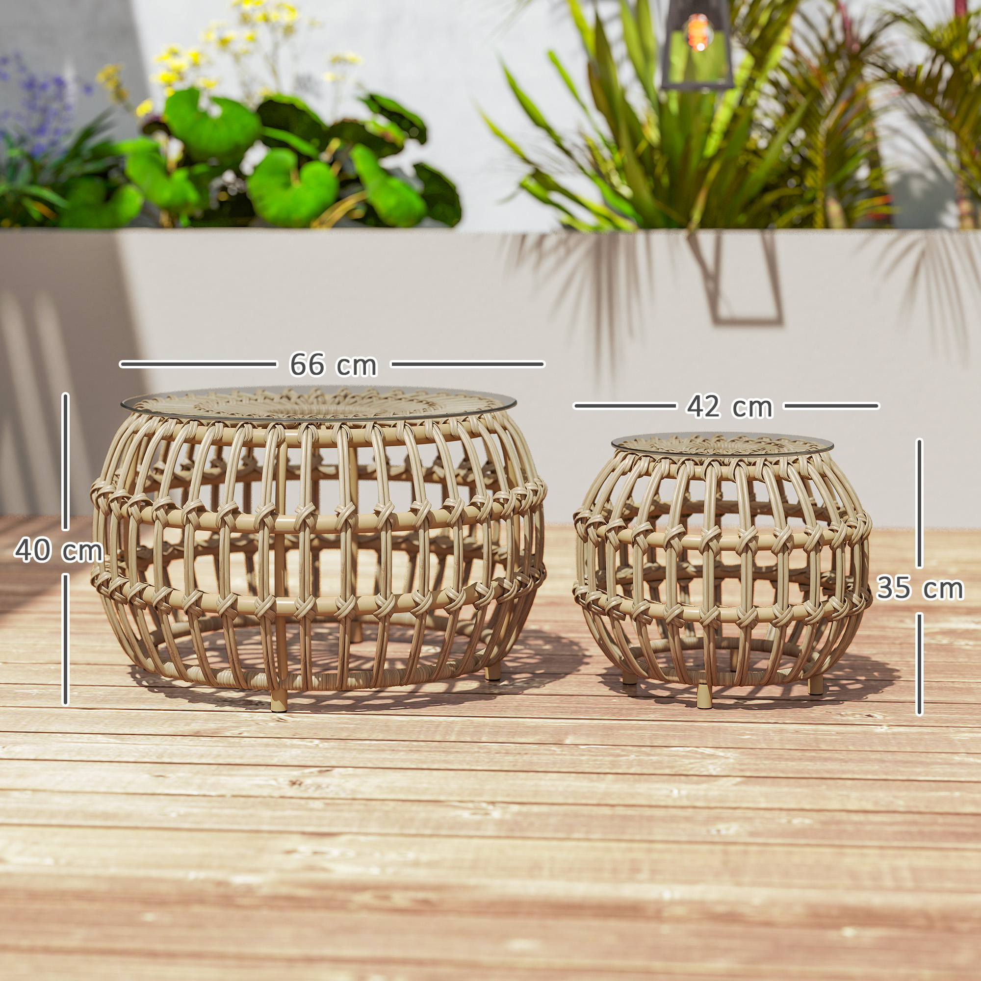 Outsunny 2-delige Set Bijzettafels Polyrattan Ø66/42 cm Rond Weerbestendig met Glazen Blad - Bruin