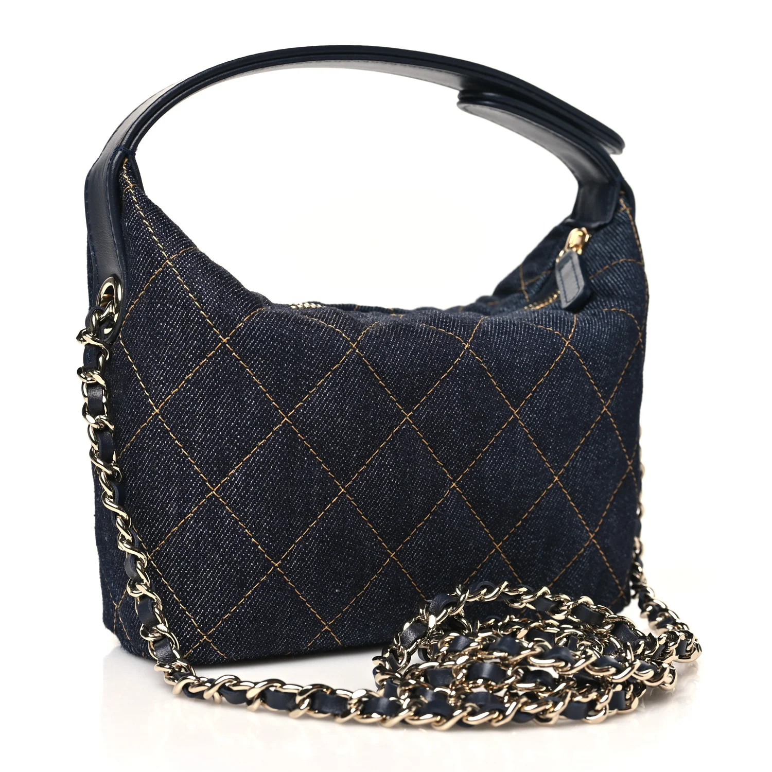 Denim Quilted Hobo Clutch With Chain Dark Blue Orange