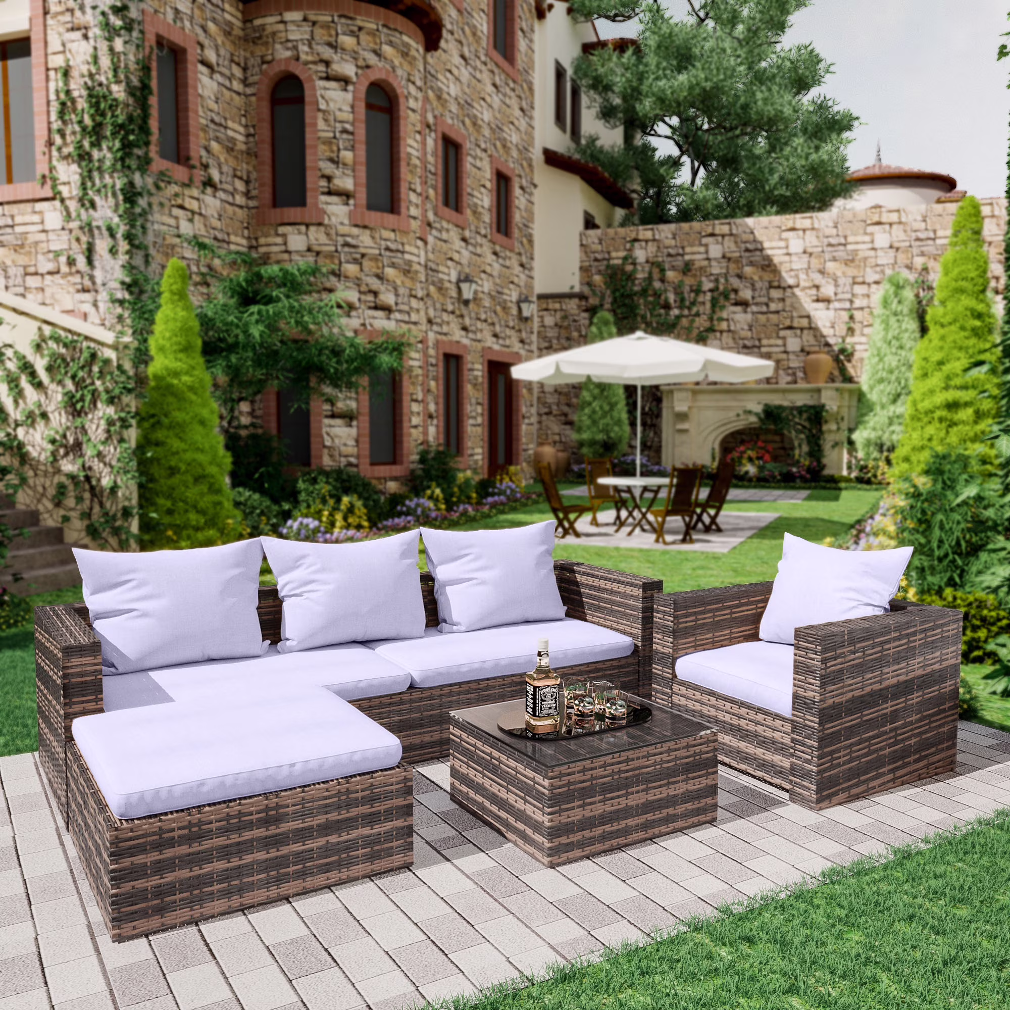 Rattan Patio Sofa Set, 4 Pieces Outdoor Sectional Furniture Set, All-Weather PE Rattan Wicker Patio Conversation Set, Cushioned Sofa Set with Glass Table for Patio Garden Poolside Deck(Brown)