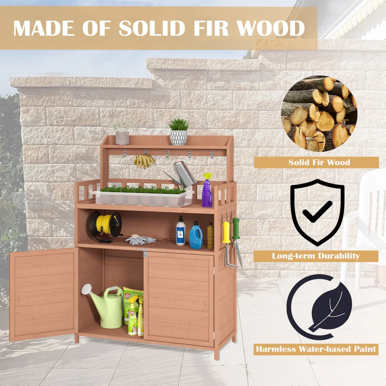Solid Fir Wood Potting Bench Table with Storage Cabinet & Top Shelf Hooks for Outdoor Gardening, Patio & Mudroom Workstation