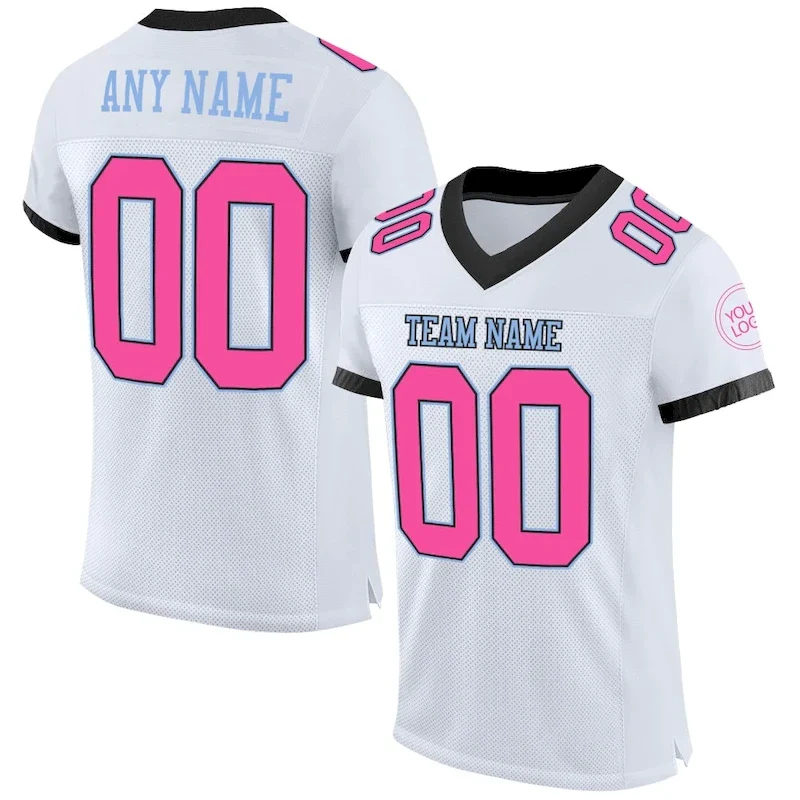 Custom White Pink Black-Light Blue Mesh Authentic rugby jersey