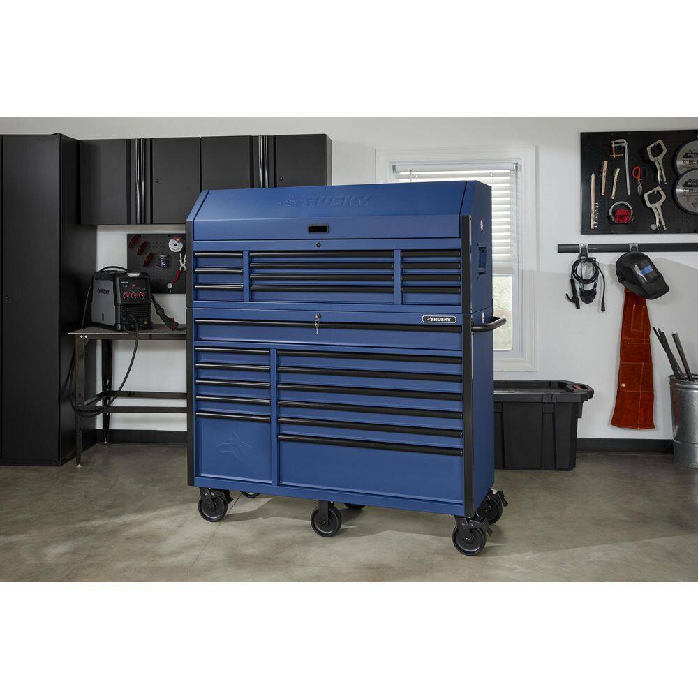 Ensemble coffre à outils roulant robuste à 23 tiroirs et armoire à outils supérieure, 2025, 142 cm L x 56 cm P, bleu mat