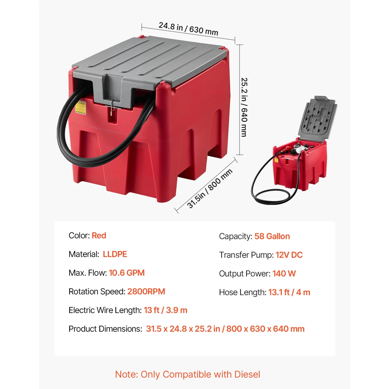 Portable Diesel Tank, 58-Gallon Capacity with 10 GPM Flow Rate, Fuel Tank Featuring 12V Electric Pump and 13.1ft Rubber Hose, Durable PE Construction for Convenient Fuel Transport, Red - Image 7