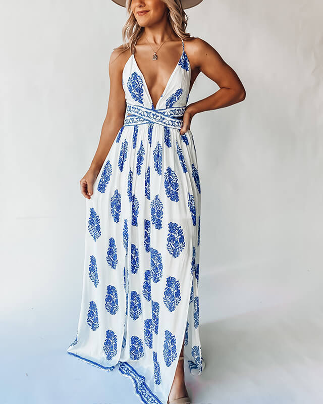 Robe de fête bohème dos nu à col en V pour femme