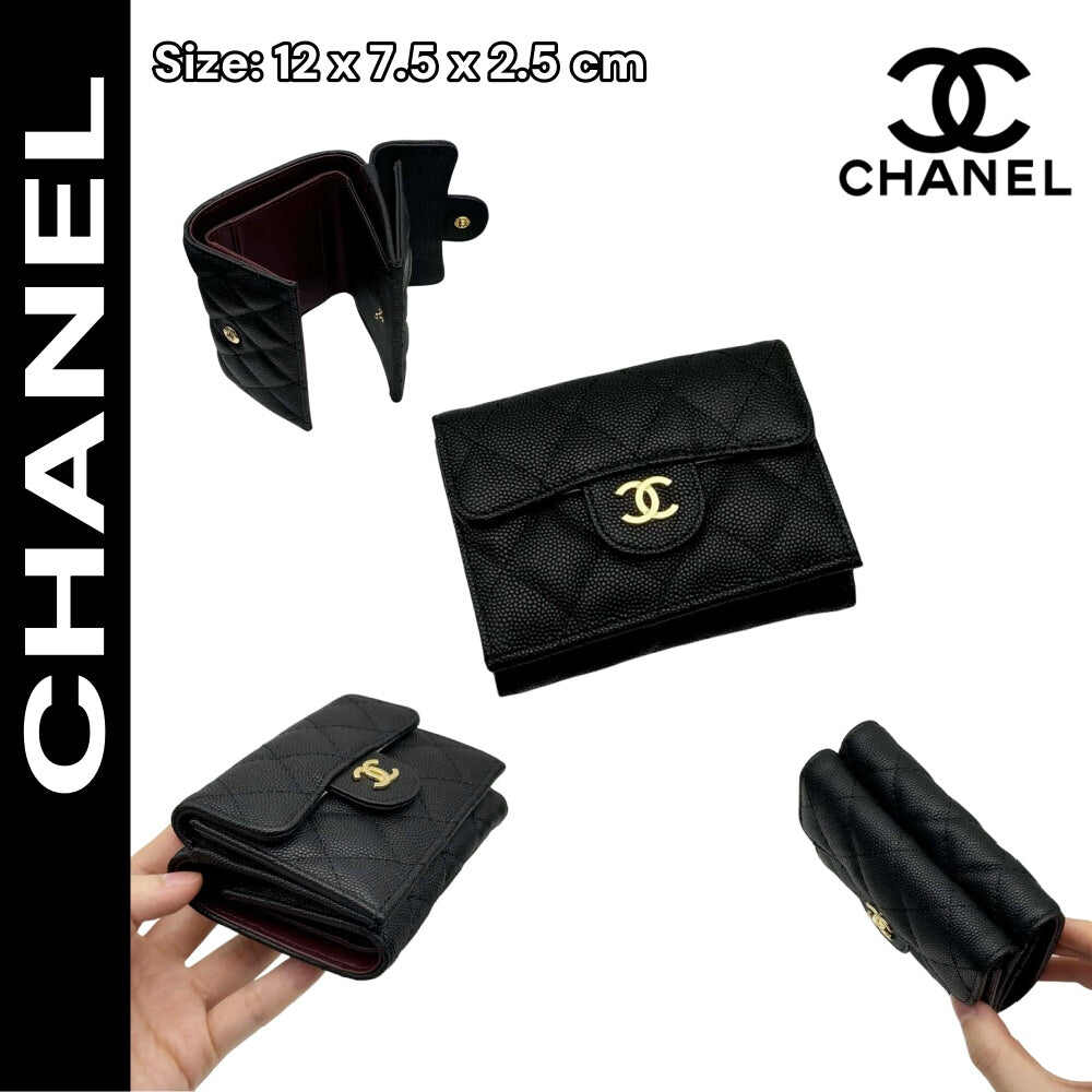 【シャネル】定番CFライン キャビアスキン三つ折財布 高級感漂う春夏新作
