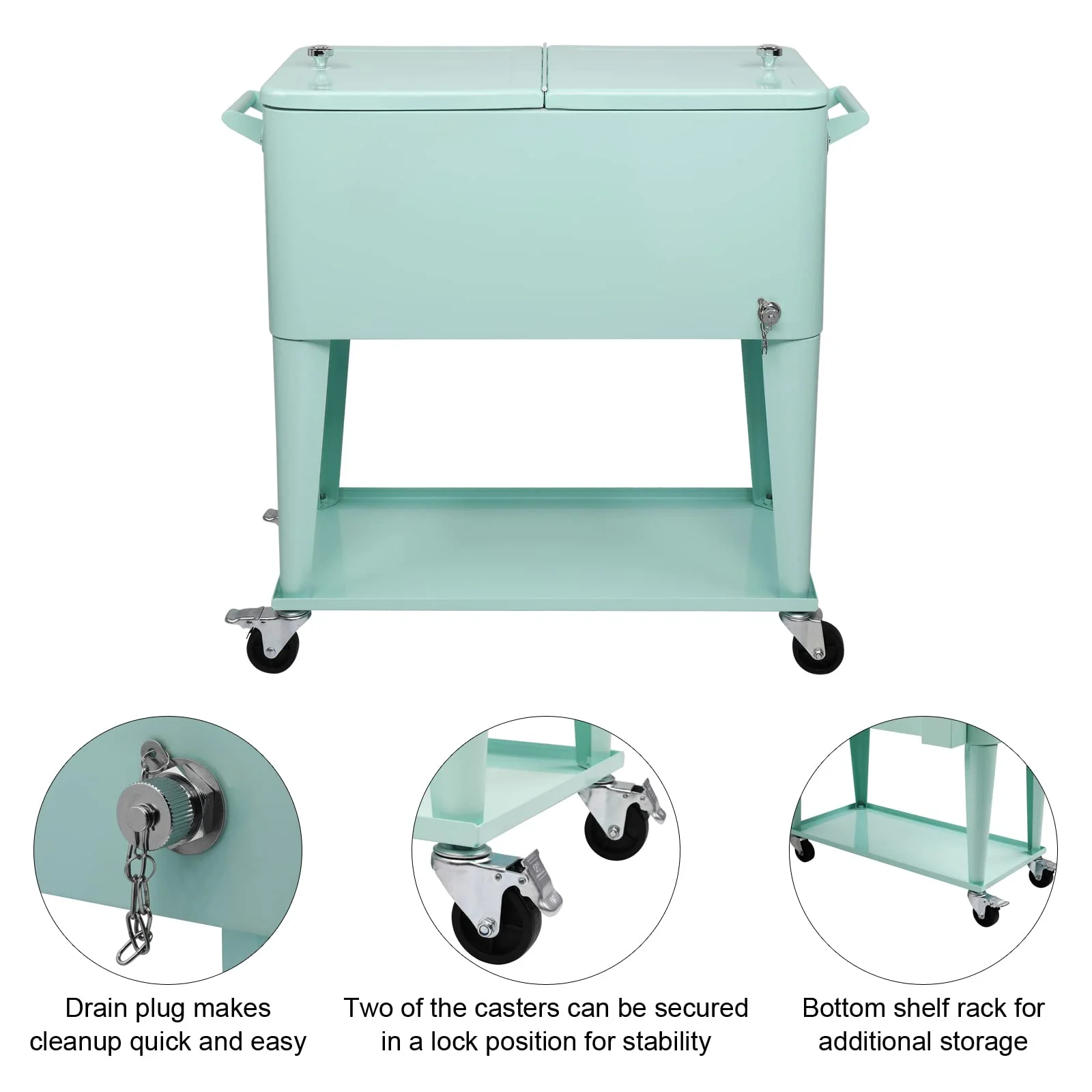 80 Quart Outdoor Cooler Cart Rolling Ice Chest Cooler Cart, Portable Patio Cooler with Bottle Opener, Handles and Drainage, Standing Cooler for Patio Party, Camping and BBQ, Mint Green(Mint Green) Image 4