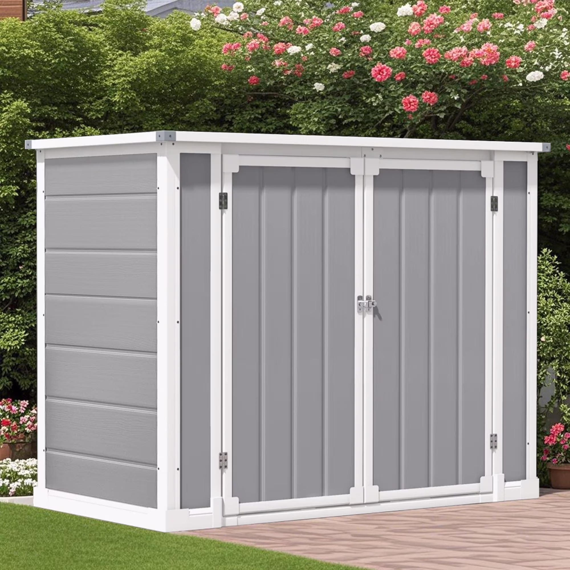 Shed and Outdoor Storage, 41 Cu.Ft Small Outdoor Resin Shed with 3 Doors Floor, 306GAL Deck Box Waterproof Plastic Tool Storage Shed for Cushion Lawn Mower Garbage Cans(Gray)
