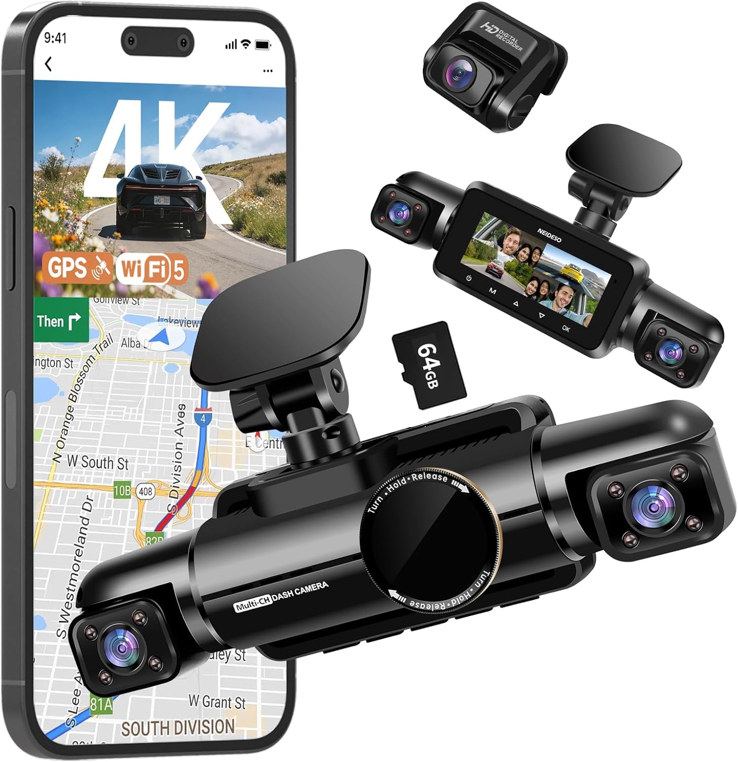 4 Channel Dash Cam Front and Rear  3K+3*1080P Dash Camera for Cars  Free 64GB Card  360° Car Video Recorder  5GHz WiFi GPS  Voice Control  CPL Filter  WDR Night Vision  24H Parking Mode(N700)