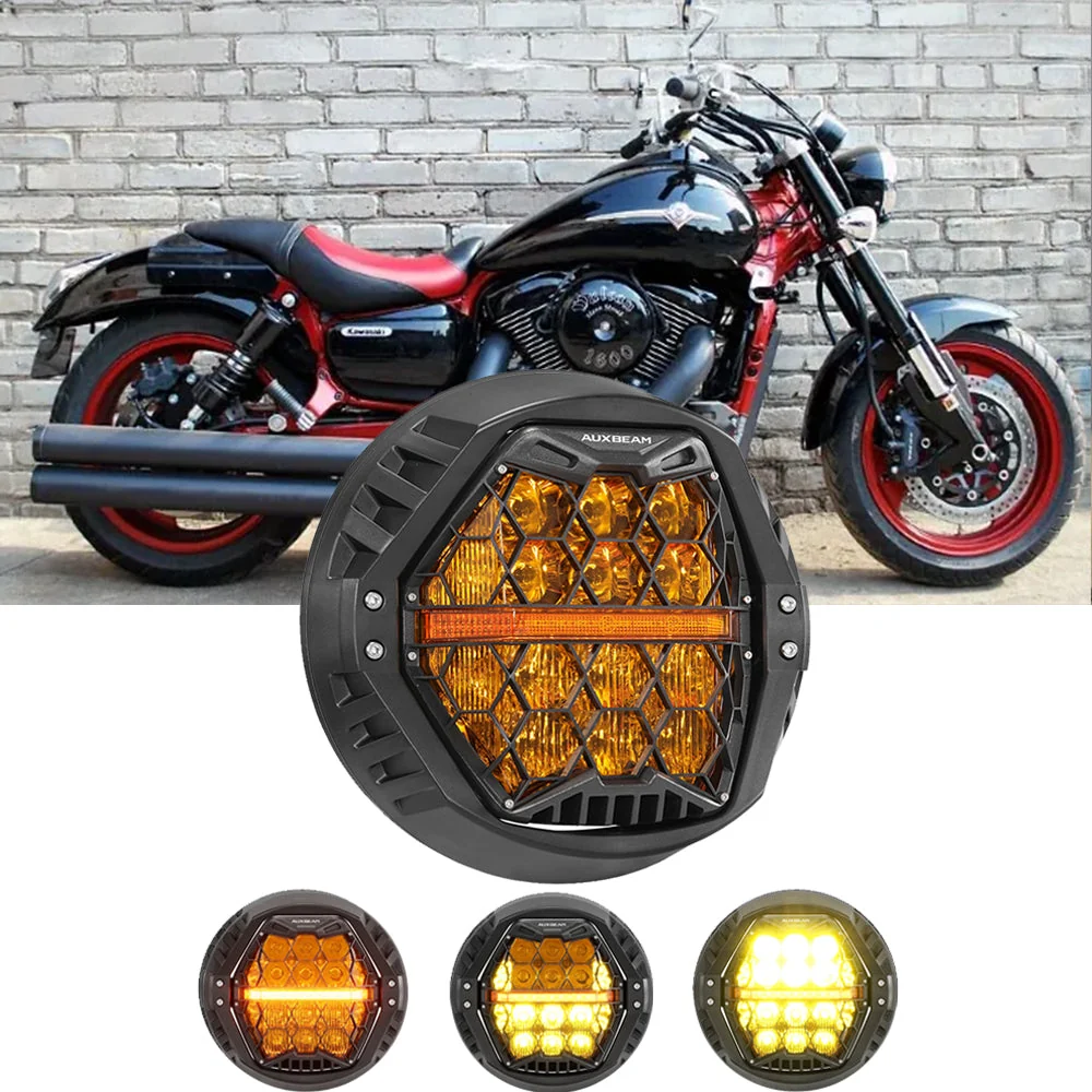 7 Inch 120W DOT Motorcycle LED Headlight Assembly with Amber DRL & Honeycomb Design (Hi/Lo Beam) for Kawasaki Vulcan Mean Streak
