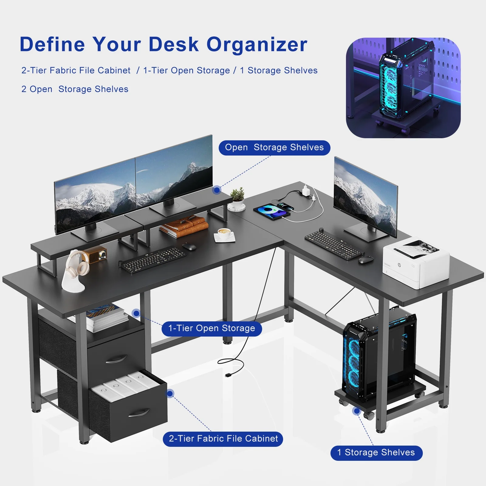 L Shaped Gaming Desk with Power Outlets, Computer Desk with Shelf and Drawers for Home /Office, Black(Black) - Image 4