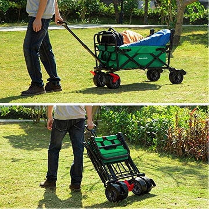 BEAU JARDIN Folding Wagon Cart with Brake Free Standing Collapsible Utility Camping Grocery Canvas Fabric Sturdy Portable Rolling Buggies Outdoor Garden Sport Heavyduty Shopping Cart Push Wagon Green