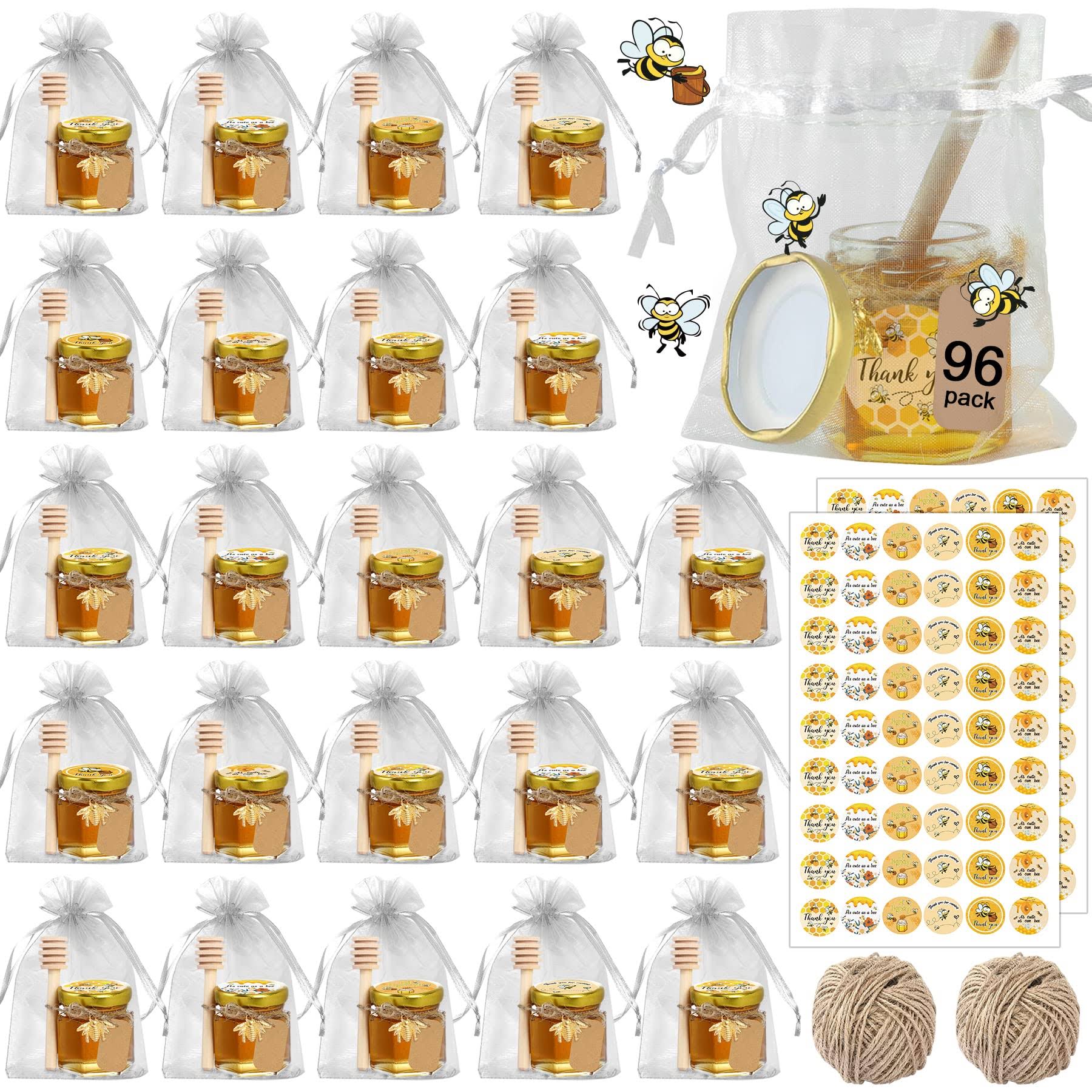 Aliggbent 96 Pcs Honey Jars,Mini Honey Jars Party Favors in Bulk,1.5oz Small Hexagon Glass Honey Jars with Dipper, Stickers, Gold Lid, Charms, Gift