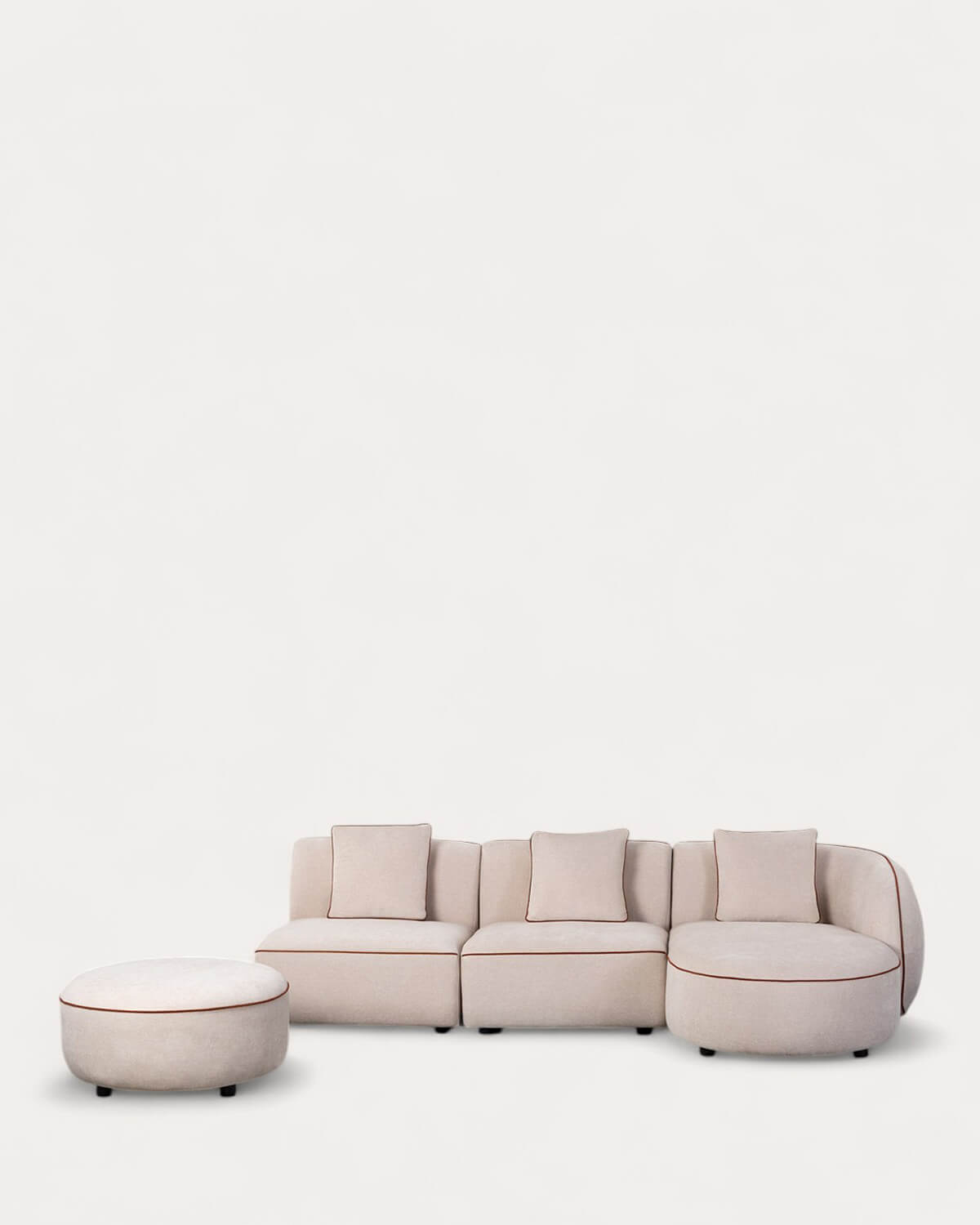 Ilham - Sofá Modular 3 Piezas Chaise Longue con 2 Sillones y Puff Redondo de Tela Ilham