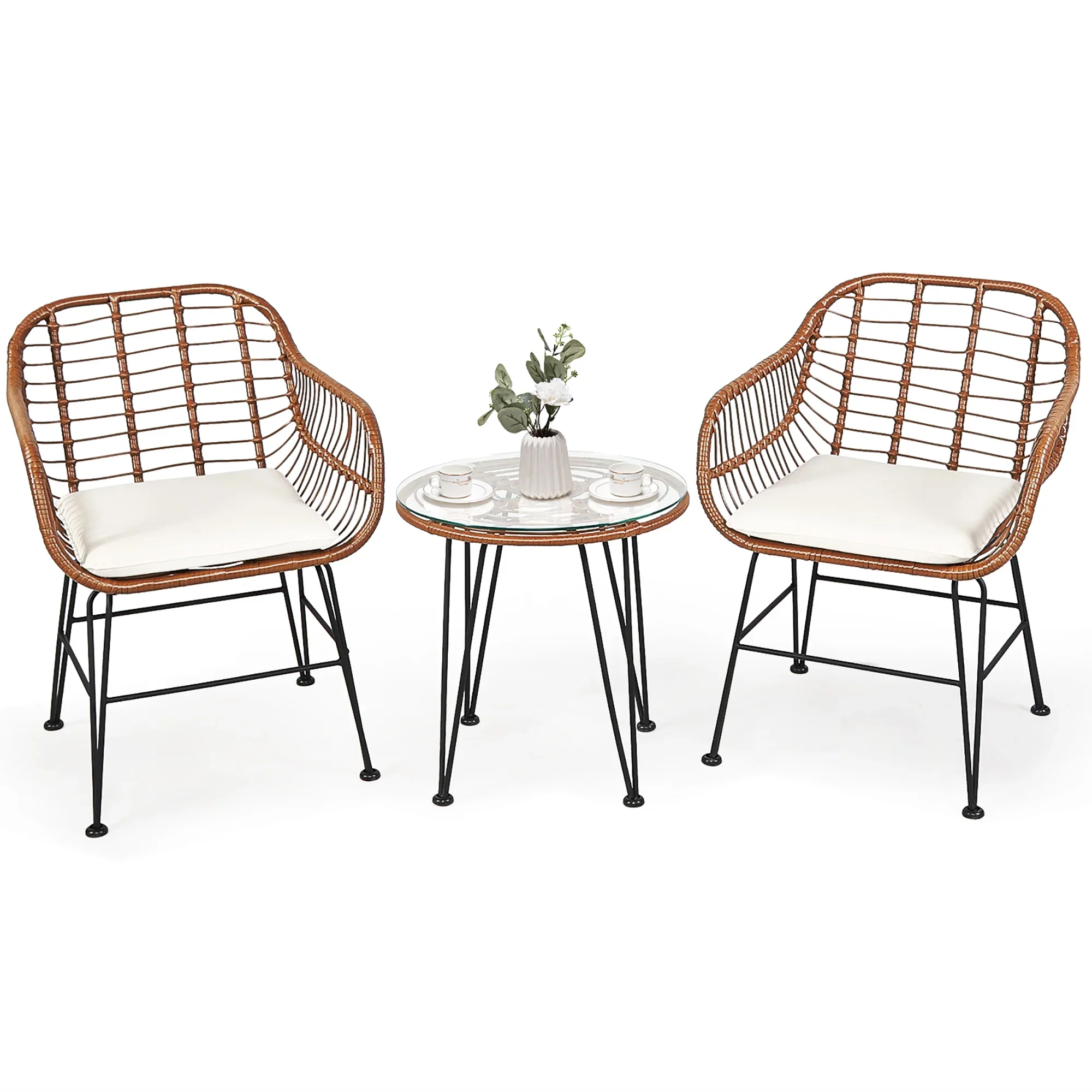 Costway 3PCS Patio Rattan Bistro Set Coffee Table Armchair Garden Red Cushion