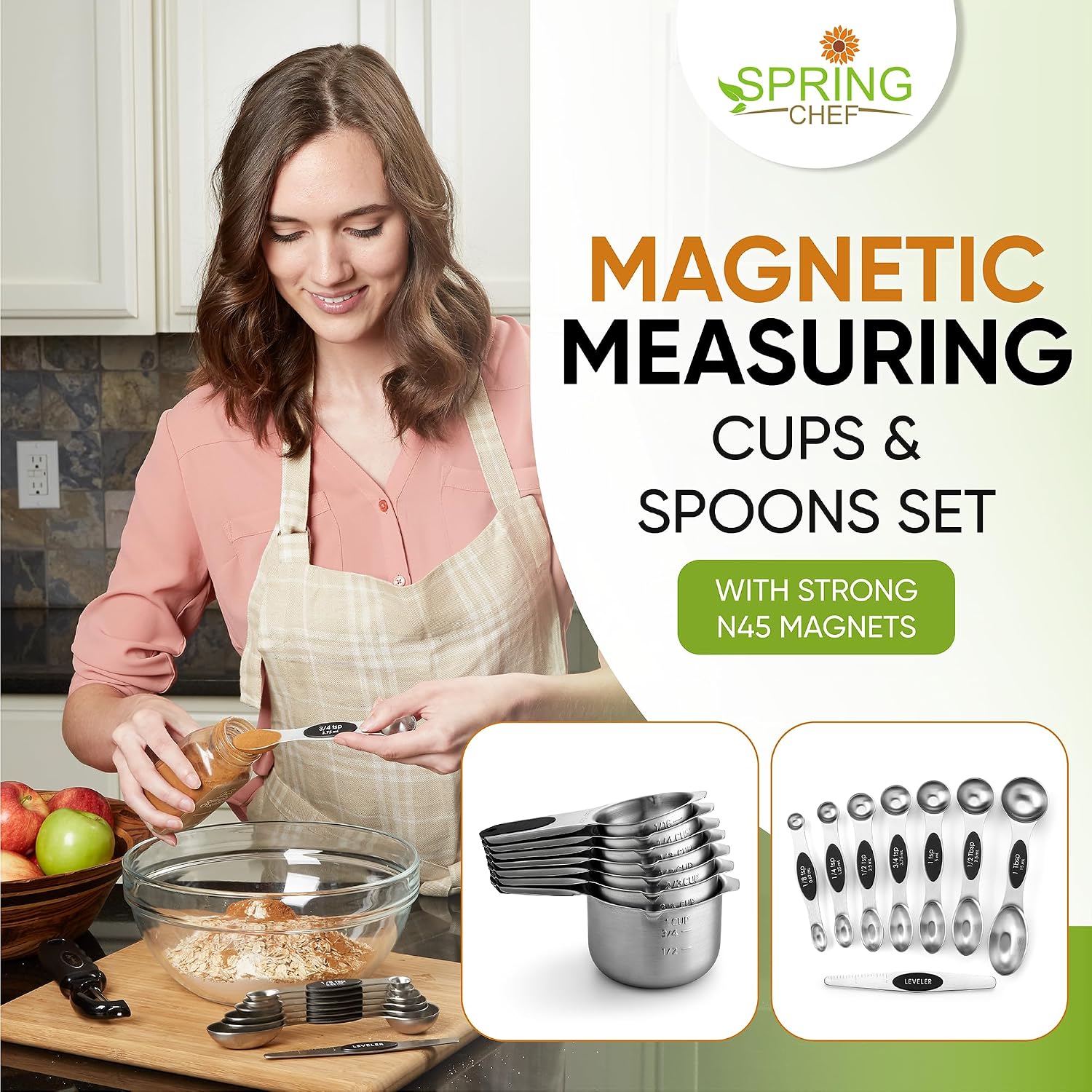 Spring Chef Magnetic Measuring Cups & Spoons Set of 15 with Levelers, Black