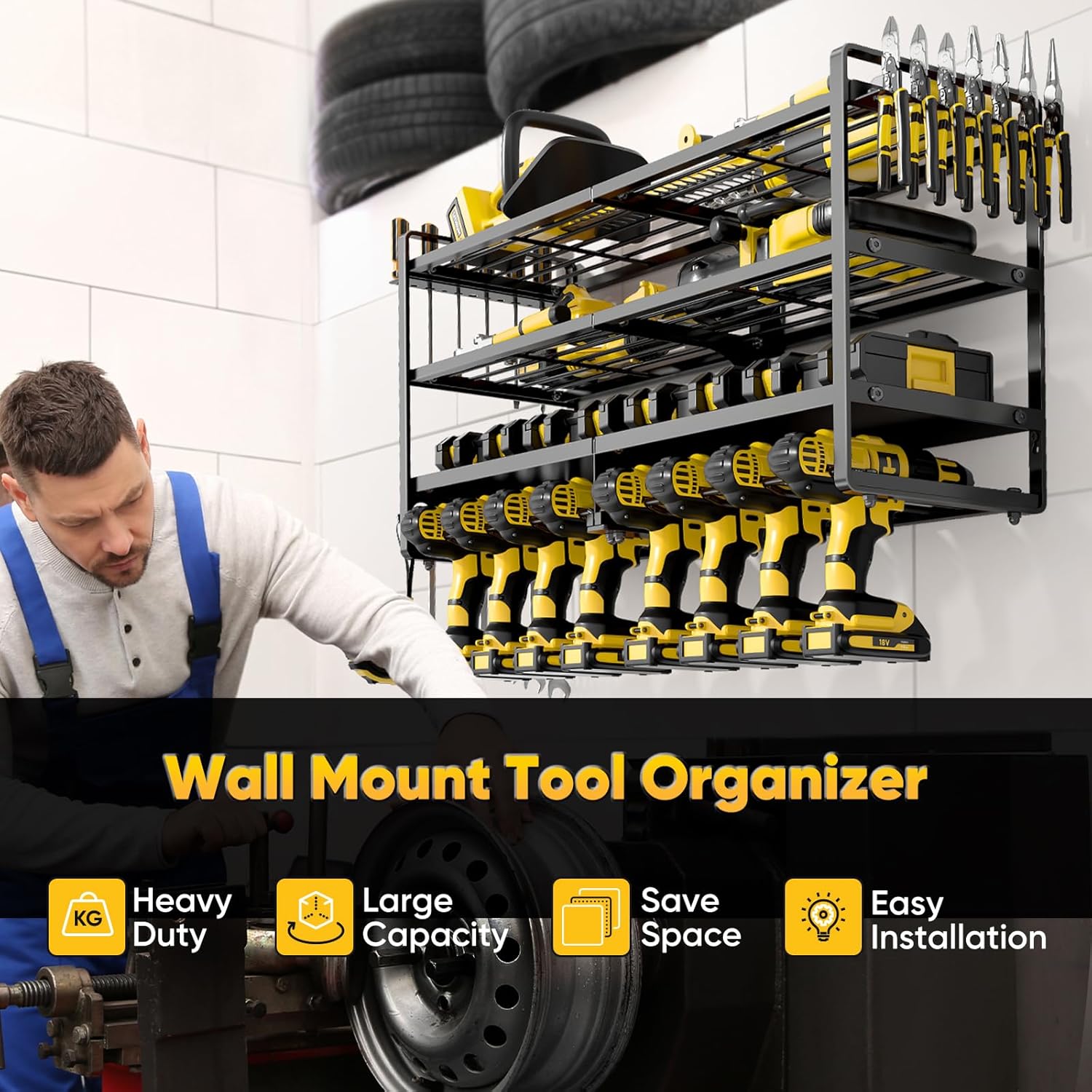 POKIPO Large Power Tool Organizer Wall Mount, 4 Layers Heavy Duty Metal Holds 400lbs, Power Tool Shelf Battery Storage with 8 Cordless Drill Holders, Utility Racks for Garage Workshop