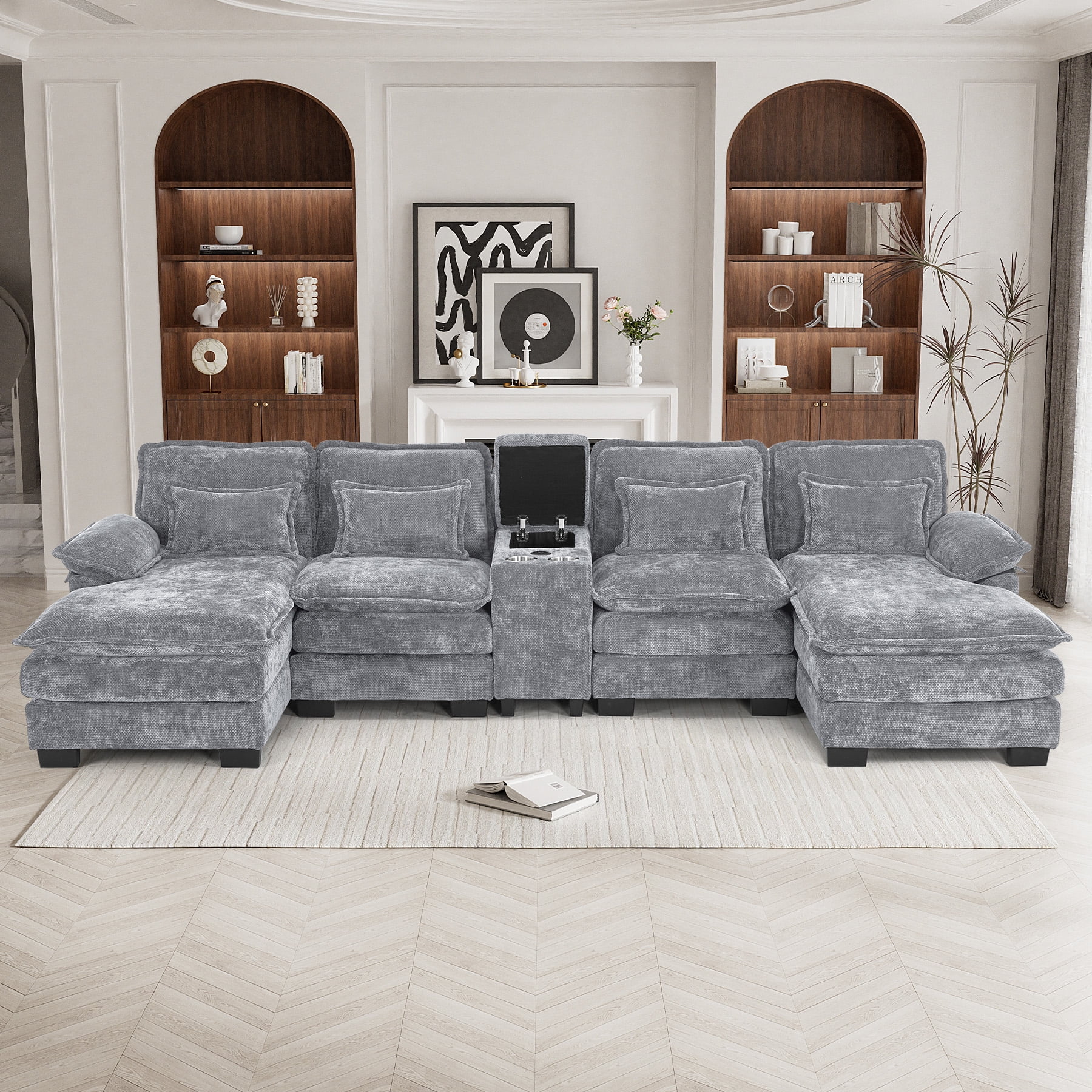 U Shaped Cloud Couch Modular Sectional Sofa 124" Extra Deep Fluffy Chenille Double Chaise Lounge, Central Console w/ Dual USB-C A Ports, Storm Gray(Grey) - Image 4