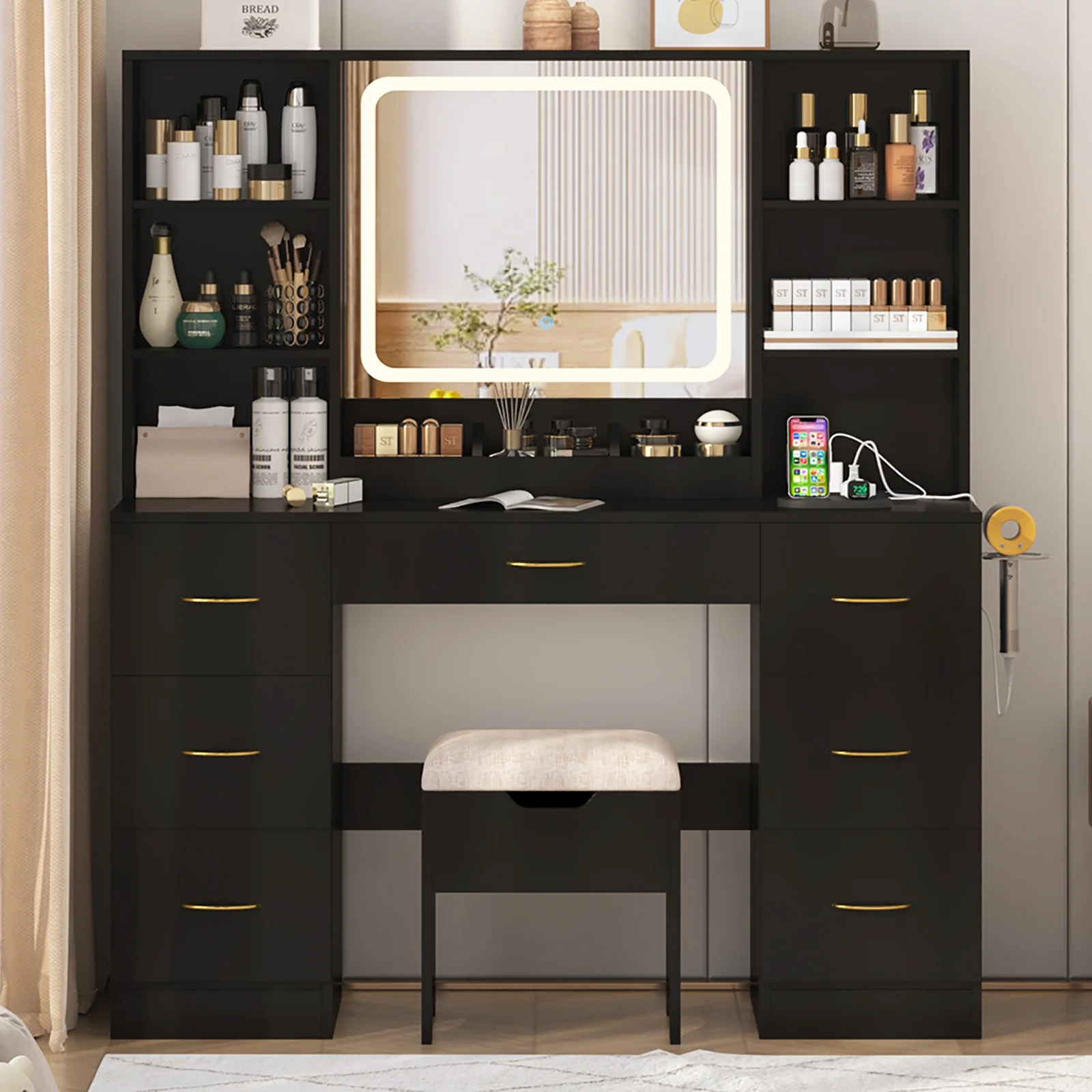 47" Large Vanity Desk with Lighted Mirror Charging Station, Black Makeup Vanity with 7 Drawers 6 Shelves, Vanity Set with Cushioned Stool(Black) Image 7