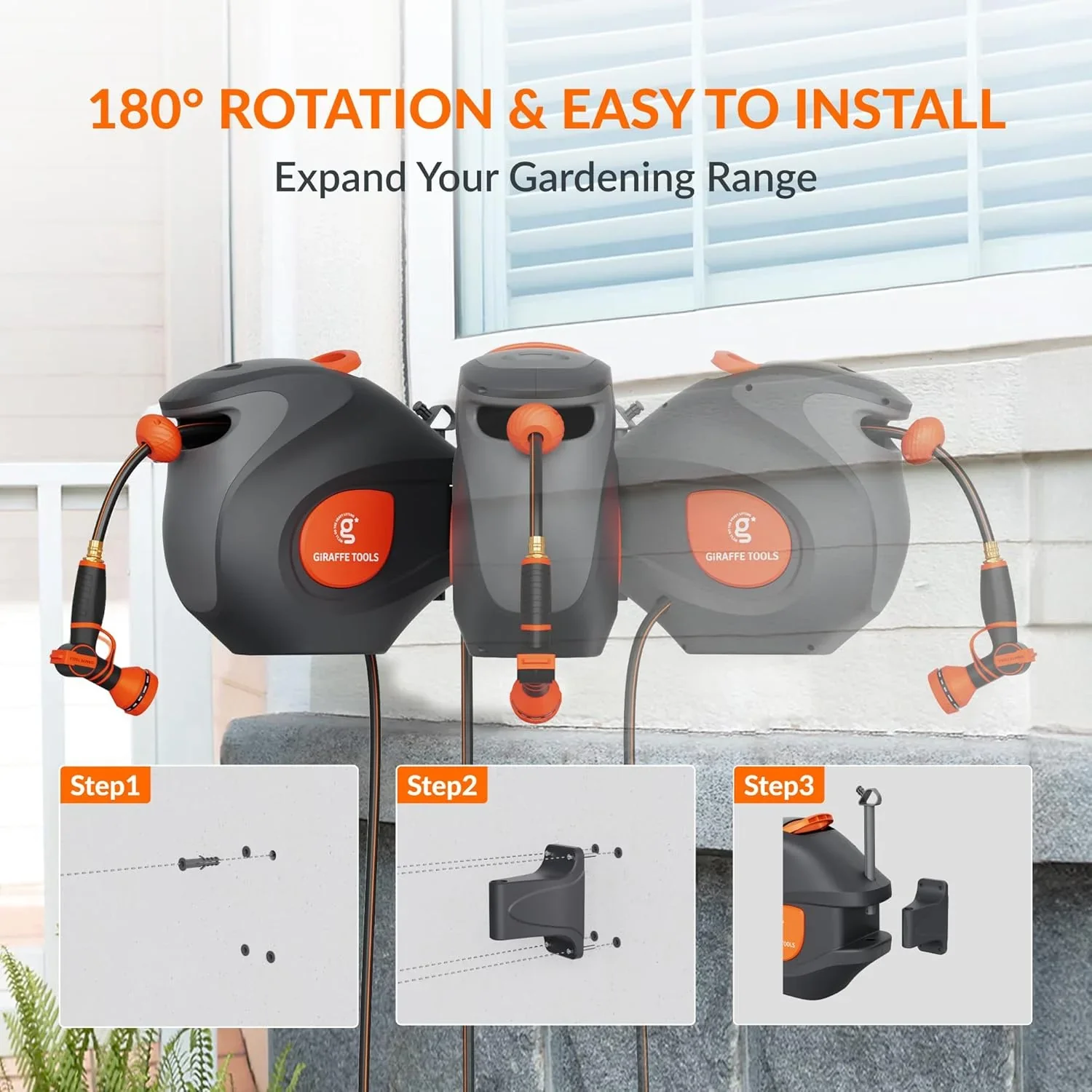 Giraffe Tools Retractable Garden Hose Reel with 1/2in-100ft Water Hose, Plastic Bracket, Wall Mounted, Dark Grey