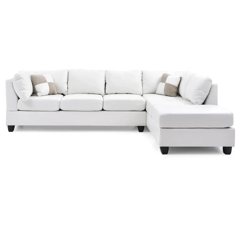 111 White Reversible Faux Leather 4-Seater Sectional Sofa with Throw Pillows