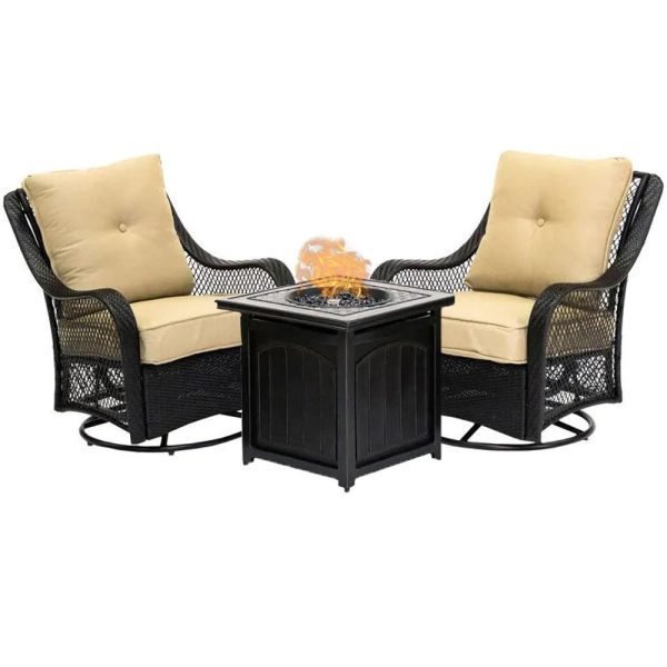 💥Liquidation🔥Ensemble de conversation 5 pièces en acier avec foyer extérieur, coussins bleu marine, fauteuils pivotants et table de foyer carrée