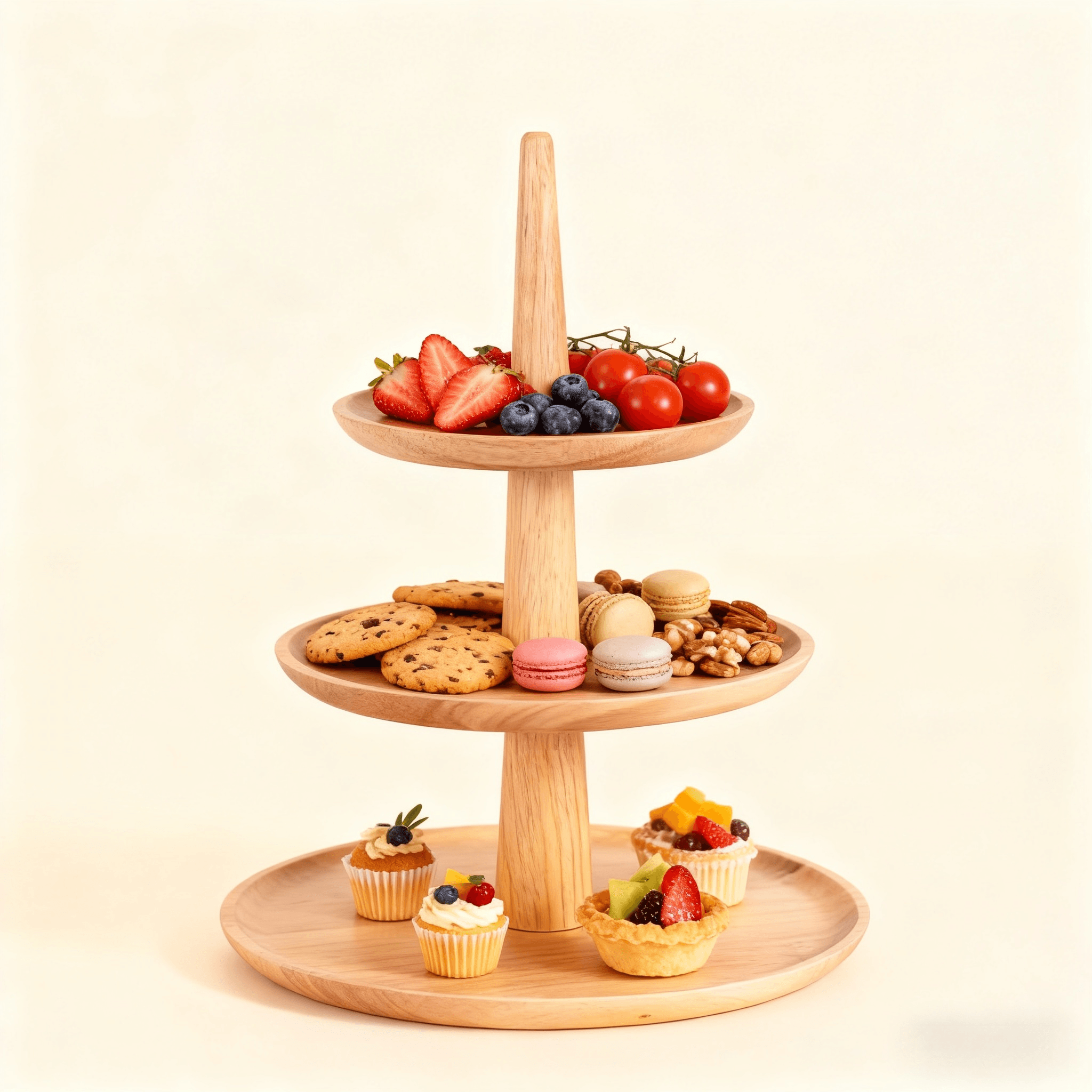 Solid Wood Three-Layer Plate for Hotel Buffet Multi-Level Fruit Snack Pastry Rack Storage Trays