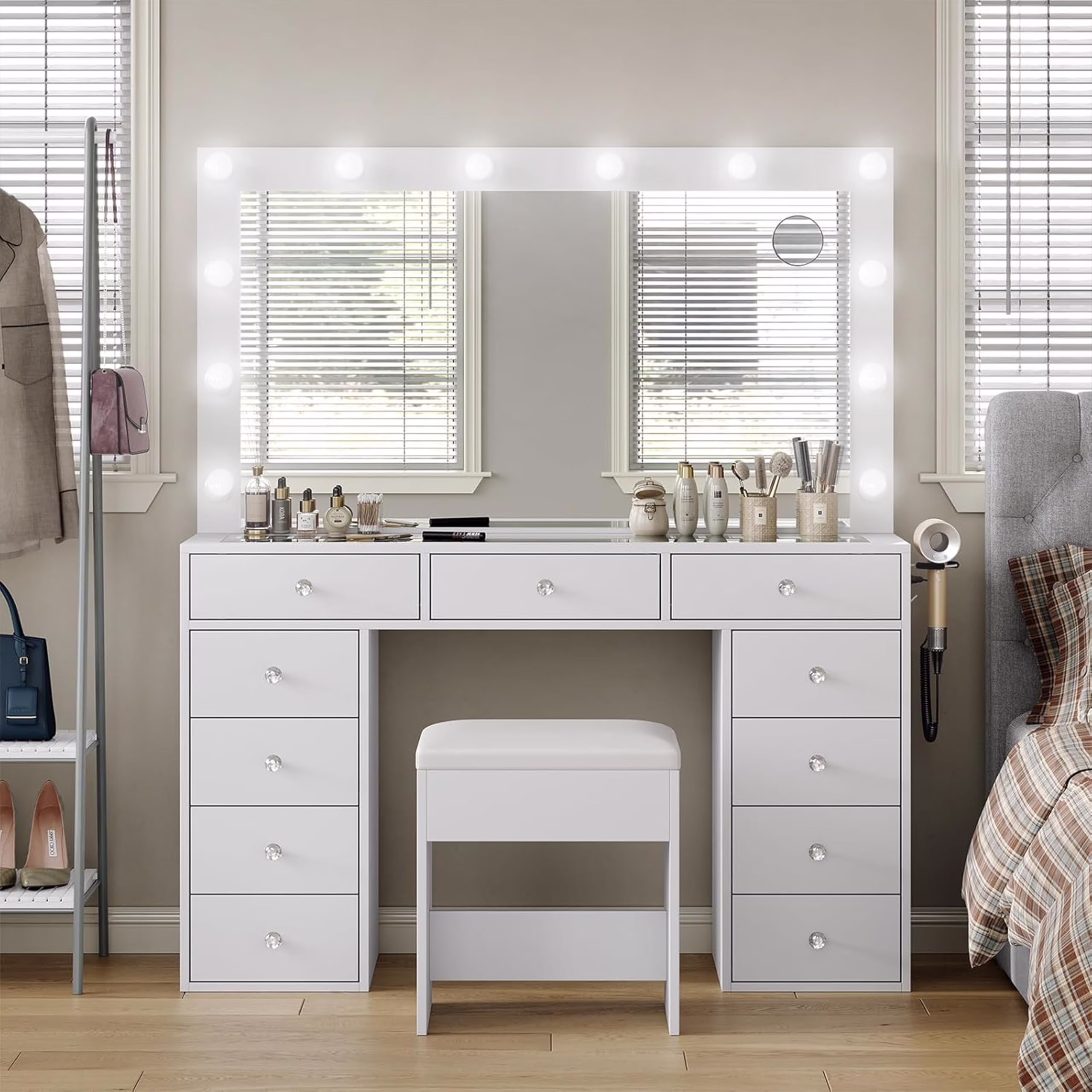 White Vanity Desk with Illuminated Mirror Power Outlet, 11 Drawers Vanity Table with Chair, Makeup Vanity with 12 LED Lights, Tempered Glass Top, Dressing Table for Bedroom,Dressing Room(White)