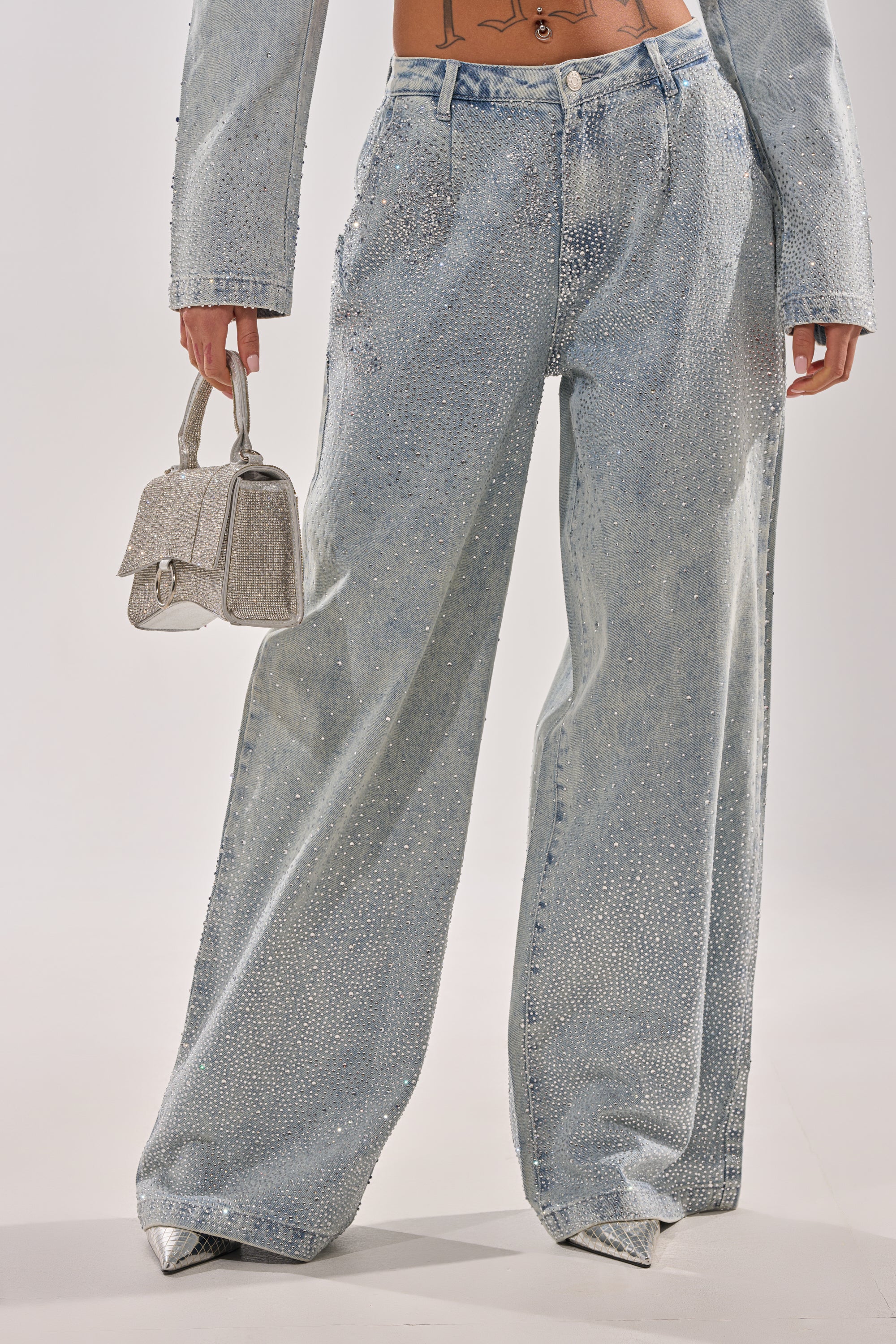 LIGHTS OUT RHINESTONE WIDE LEG DENIM - Akira Store