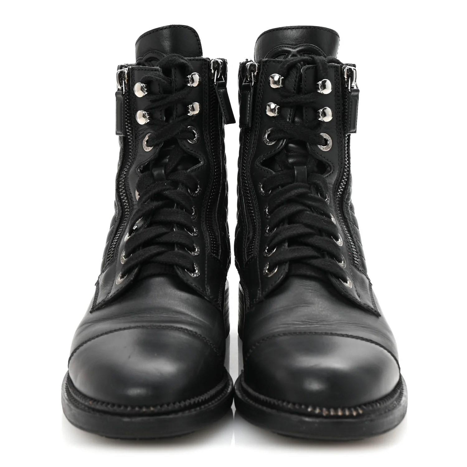 Calfskin Quilted Lace Up Combat Boots 37.5 Black
