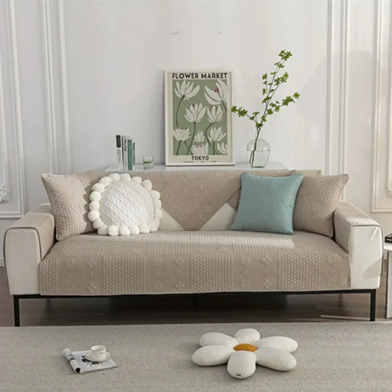 3D Wheat Embroidery Washable Cotton Non-Slip Anti-pet Scratch Couch Cover